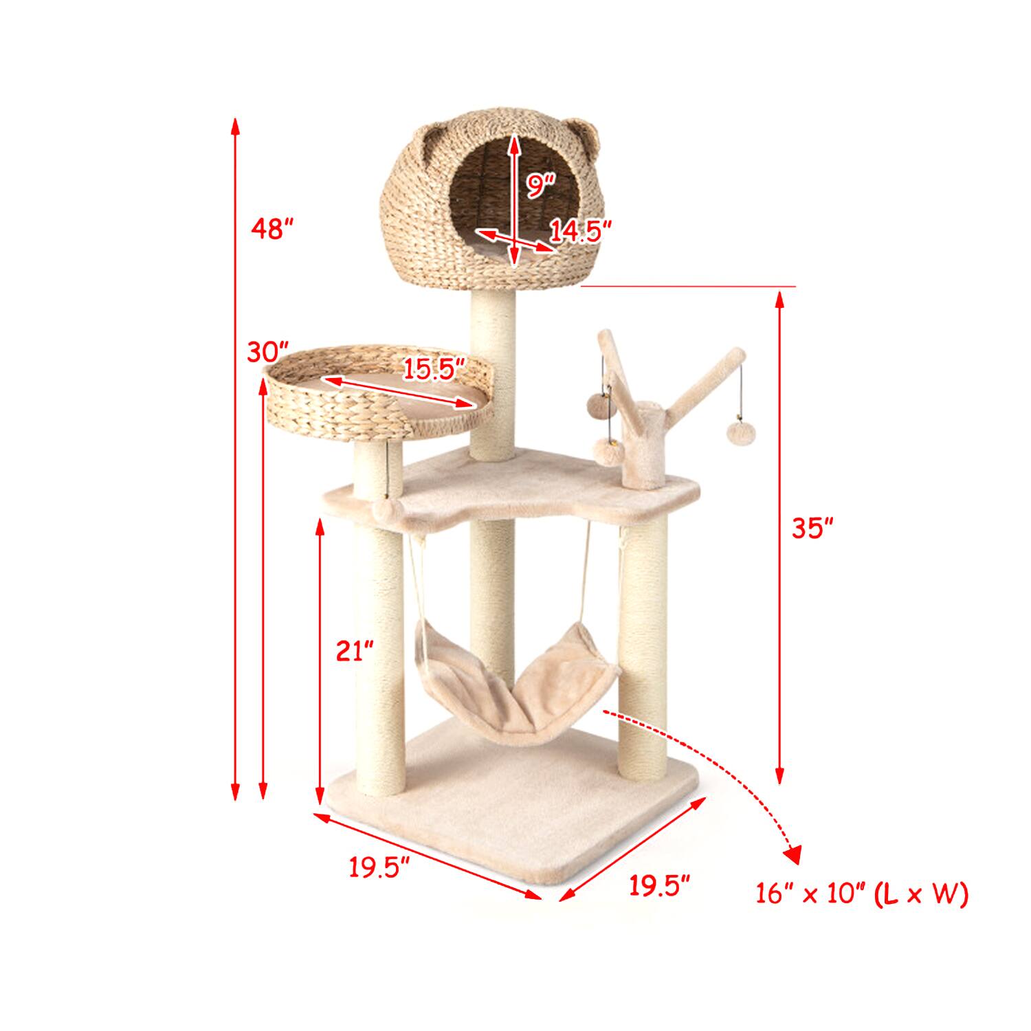 48" 9" 14.5" 30" 15.5" 35" 21" 19.5" 19.5" 16" x 10" (L x W)