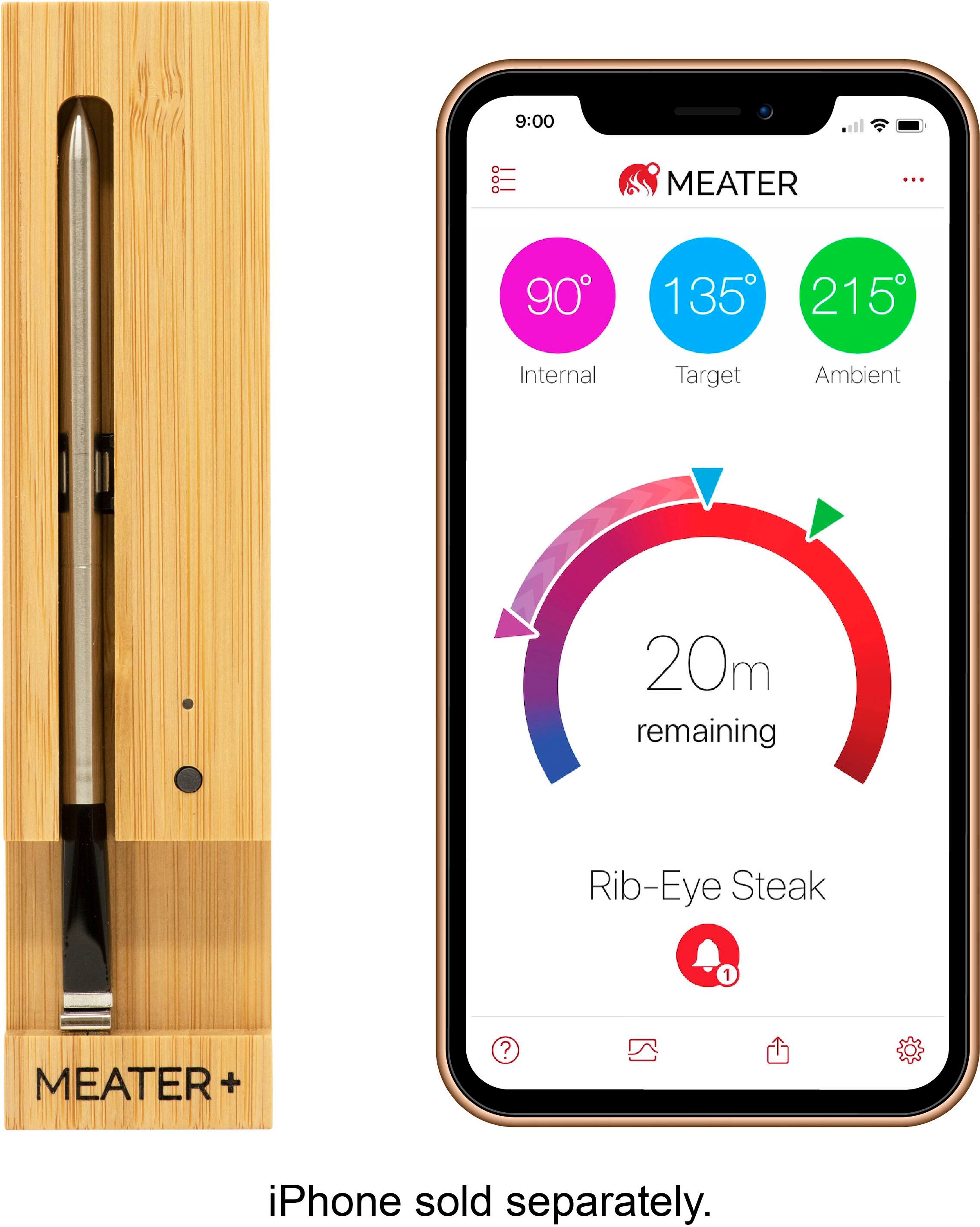 9:00 E MEATER 90 135 215 Internal Target Ambient 20m remaining Rib-Eye Steak 1 MEATER + iPhone sold separately.
