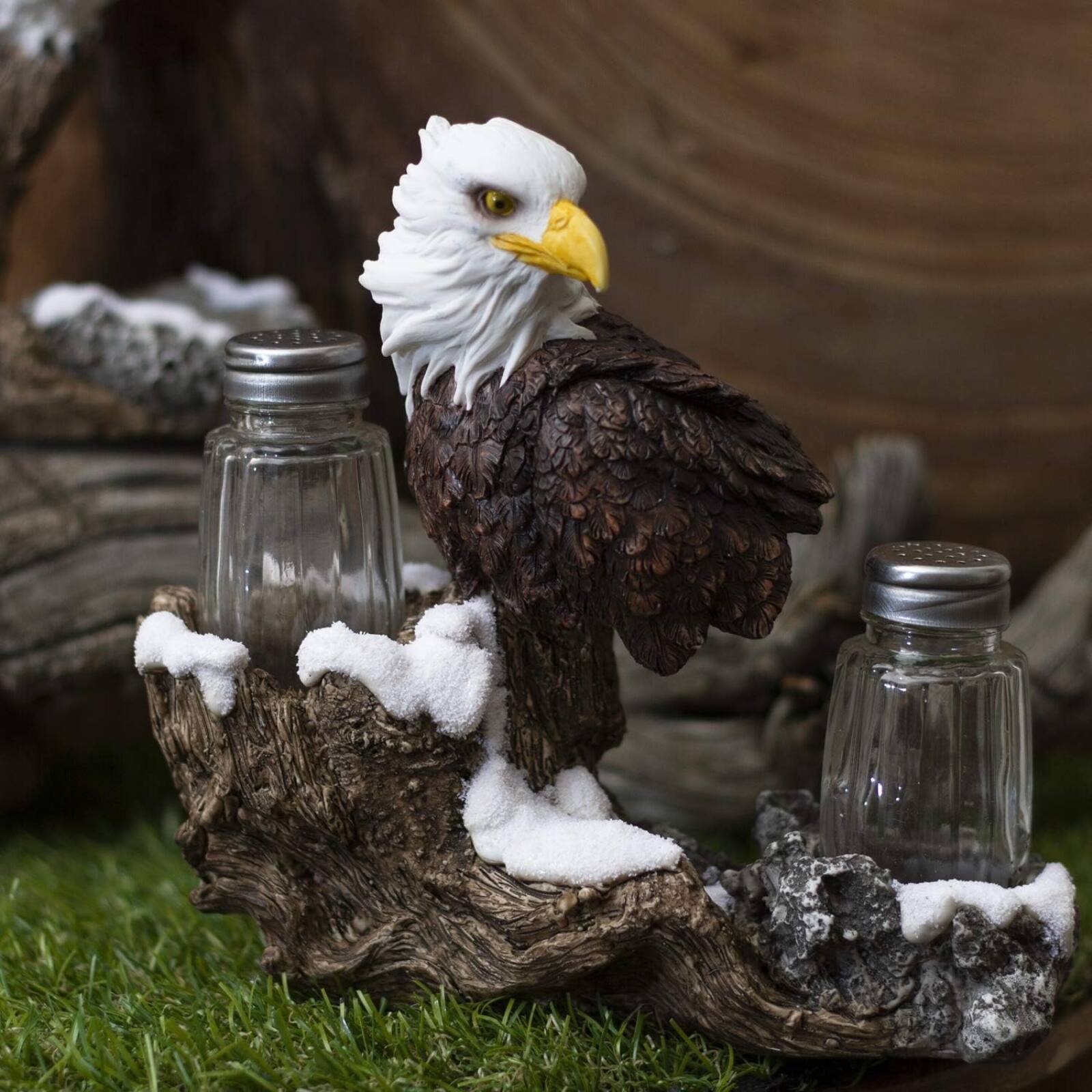 Alt View 2. Pacific Trading - American Bald Sea Eagle Spiritual Realistic Decorative Glass Salt and Pepper Shakers Set with Resin Holder Stand - Multicolor.