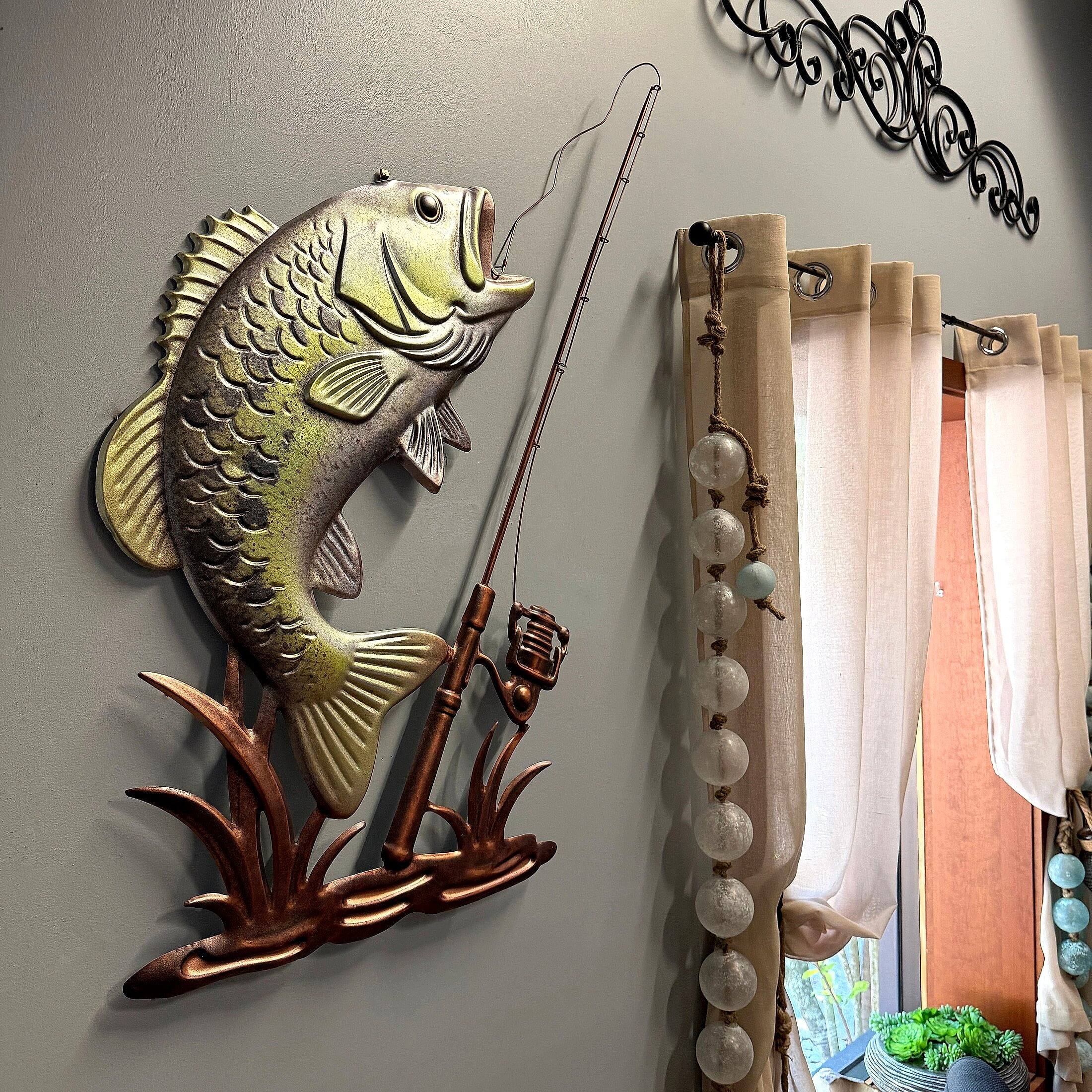 Alt View 4. Things2Die4 - Fish Wall Sculpture Largemouth Bass Fishing Rod Metal 39.5 Inch Tall - Green.