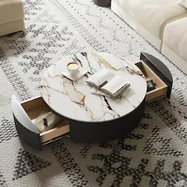 POVISON - 39" Wood Modern Round Drum Sintered Stone Coffee Table with 2 Drawers Fully Assembled, Black & White - White & Black