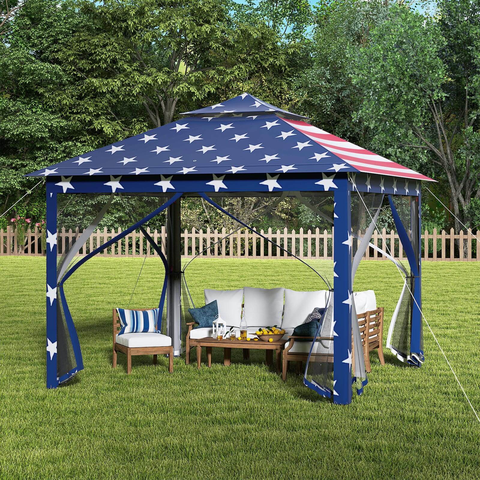 Alt View 3. Costway - Costway 11 ft × 11 ft Pop up Gazebo with Mesh Netting Sidewalls, Vented Top, Drainage Holes - American Flag.