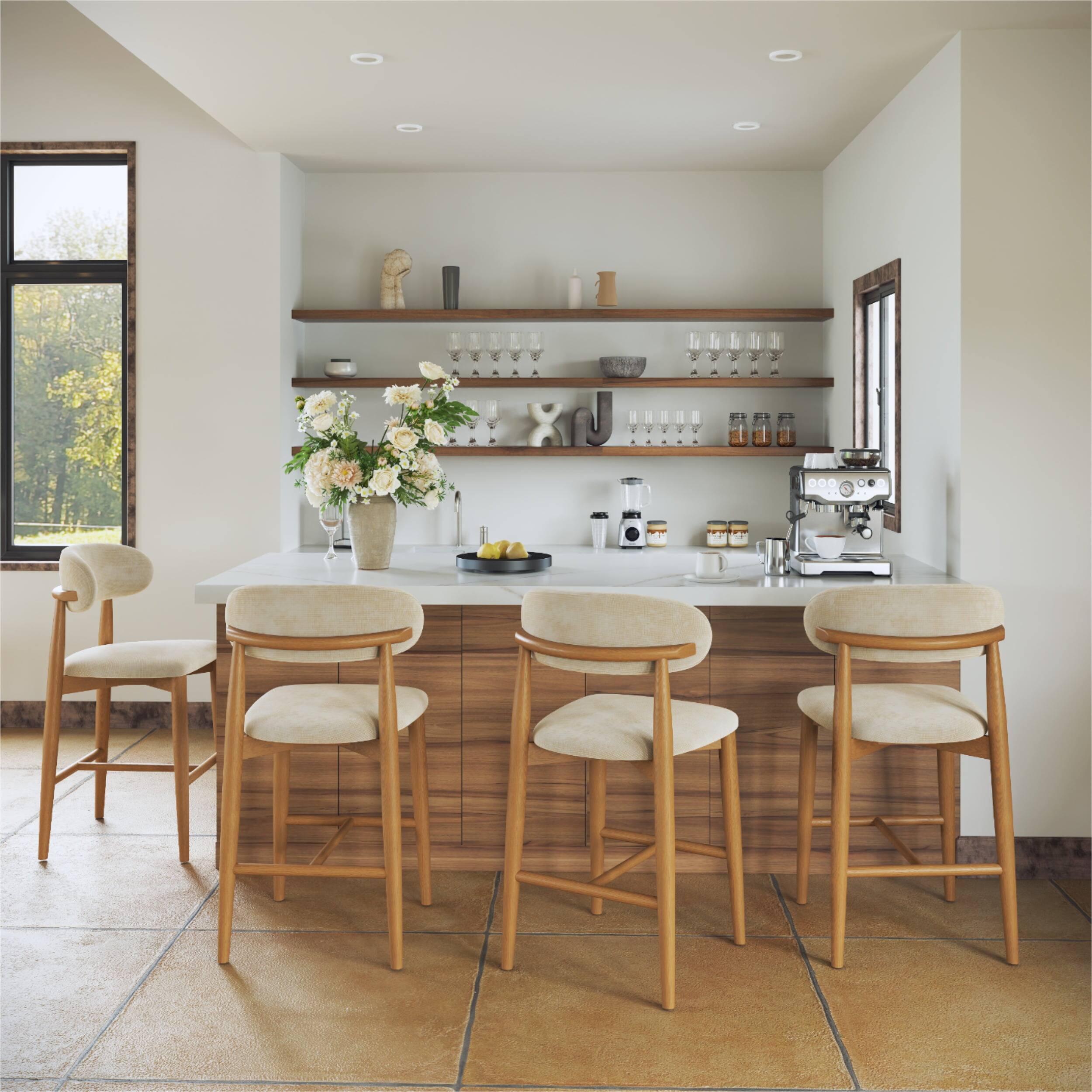 Angle. POVISON - 24" Assembled Mid-Century Modern Wood Counter Height Bar Stools Set of 2, Beige & Cotton Linen Counter Stools with Backs - Beige & Light Walnut Cotton Linen.