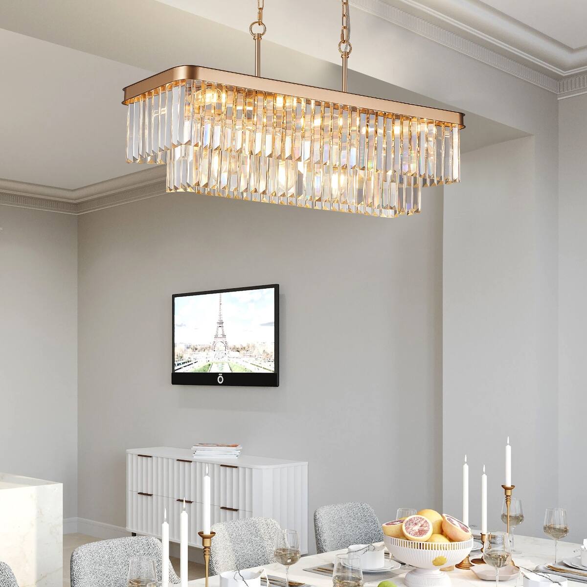 Angle. Loheer - Loheer Rectangular Crystal Chandelier Gold E12 Adjustable Height Light for Dining Room.