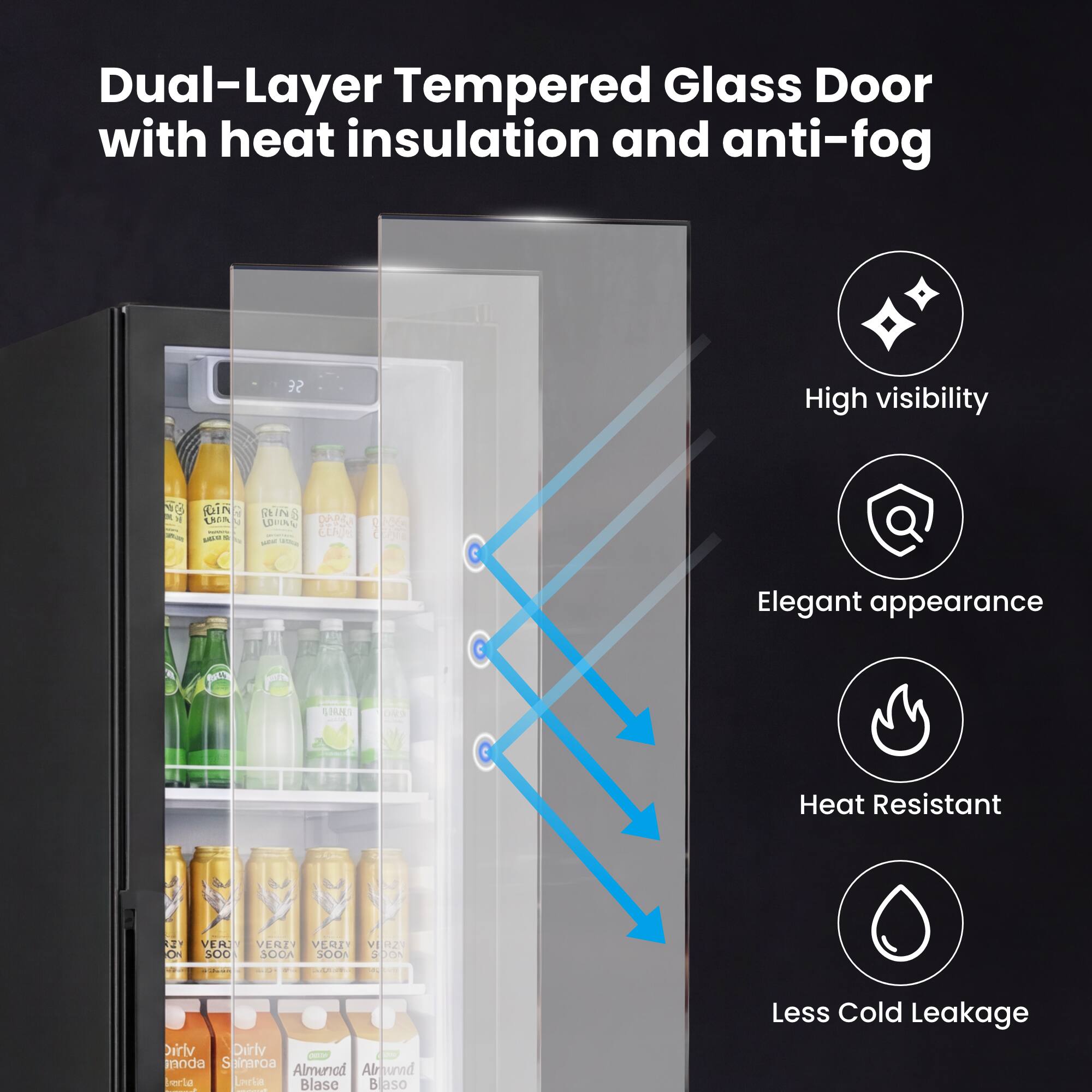 Dual-Layer Tempered Glass Door with heat insulation and anti-fog

- High visibility
- Elegant appearance
- Heat Resistant
- Less Cold Leakage
