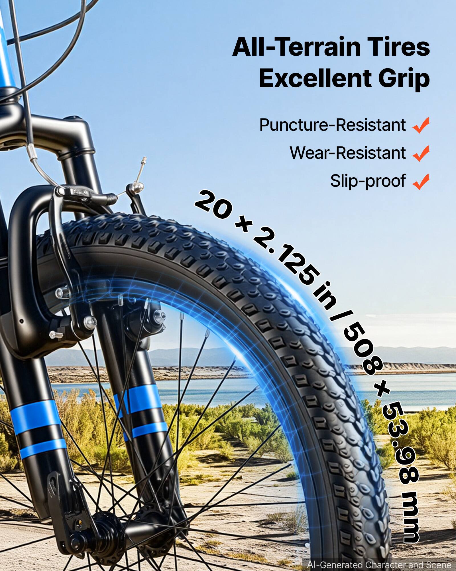 All-Terrain Tires  
Excellent Grip  
Puncture-Resistant  
Wear-Resistant  
Slip-proof  

20 x 2.125 in / 508 + 53.98 mm  

AI-Generated Character and Scene