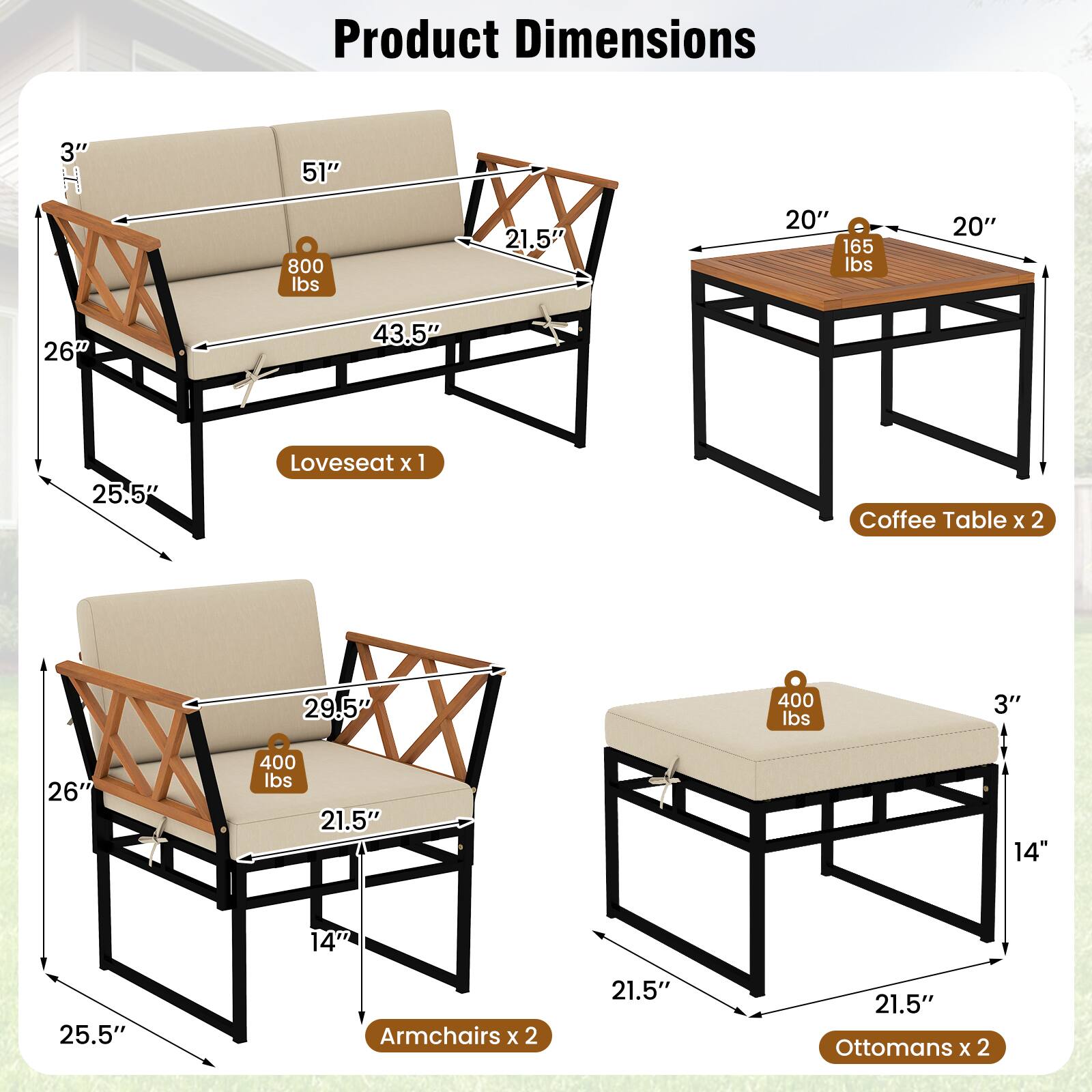 Product Dimensions

- Loveseat x 1
  - 3" H
  - 51" W
  - 21.5" D
  - 43.5" L
  - 26" W
  - 25.5" H
  - 800 lbs

- Coffee Table x 2
  - 20" W
  - 20" D
  - 165 lbs

- Armchairs x 2
  - 29.5" W
  - 21.5" D
  - 26" H
  - 25.5" H
  - 14" H
  - 400 lbs

- Ottomans x 2
  - 21.5" W
  - 21.5" D
  - 3" H
  - 14" H
  - 400 lbs