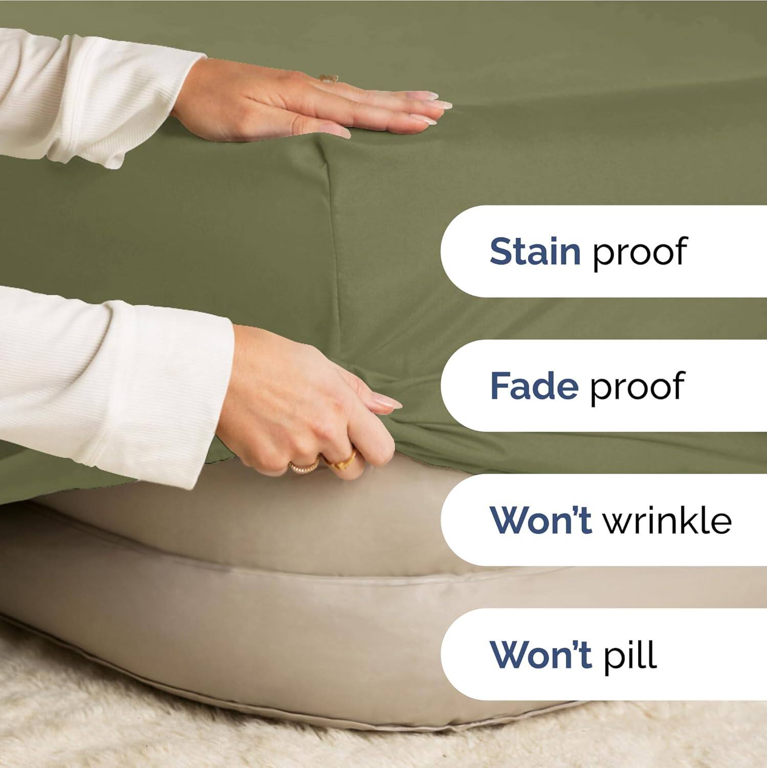 - Stain proof
- Fade proof
- Won't wrinkle
- Won't pill