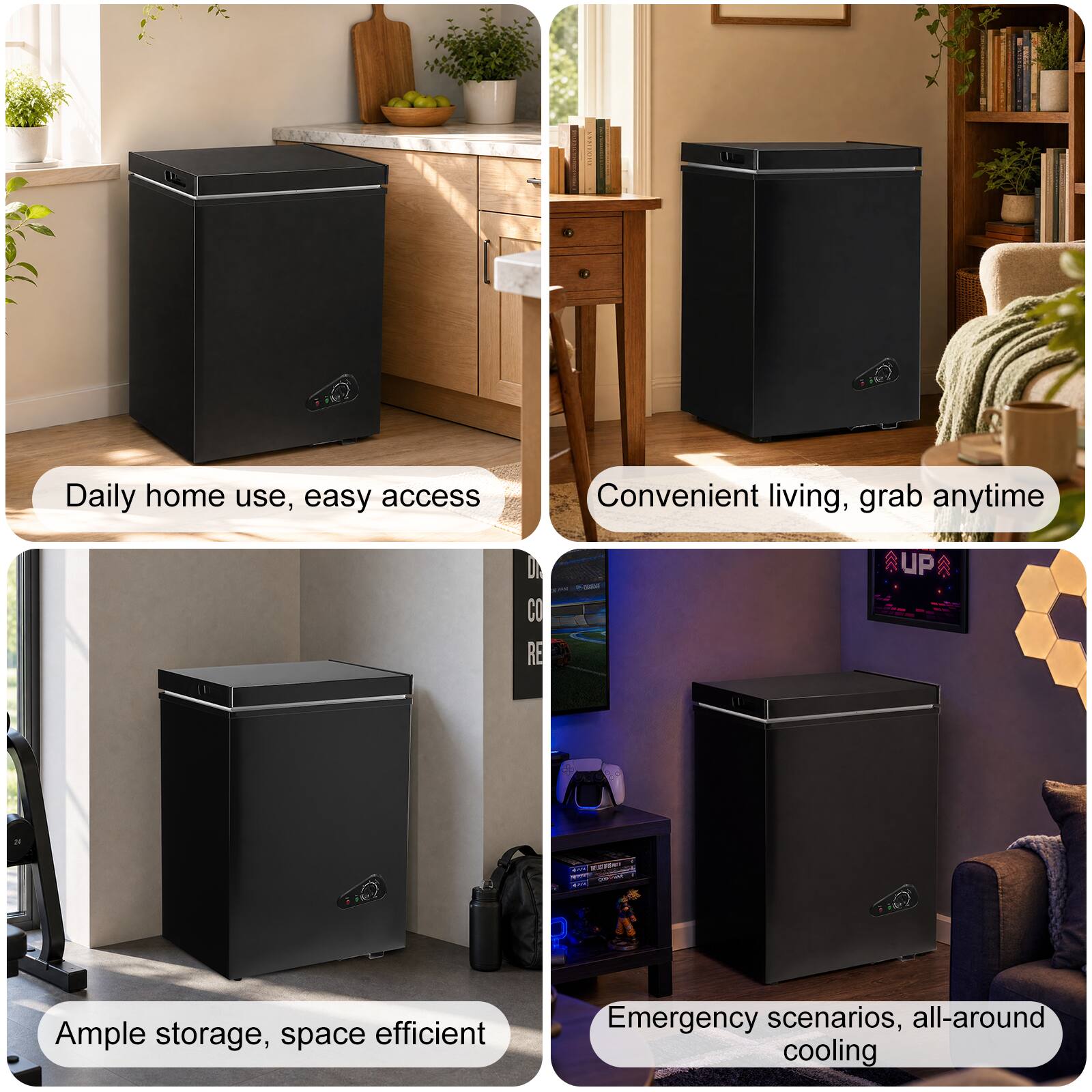Daily home use, easy access  
Convenient living, grab anytime  
Ample storage, space efficient  
Emergency scenarios, all-around cooling