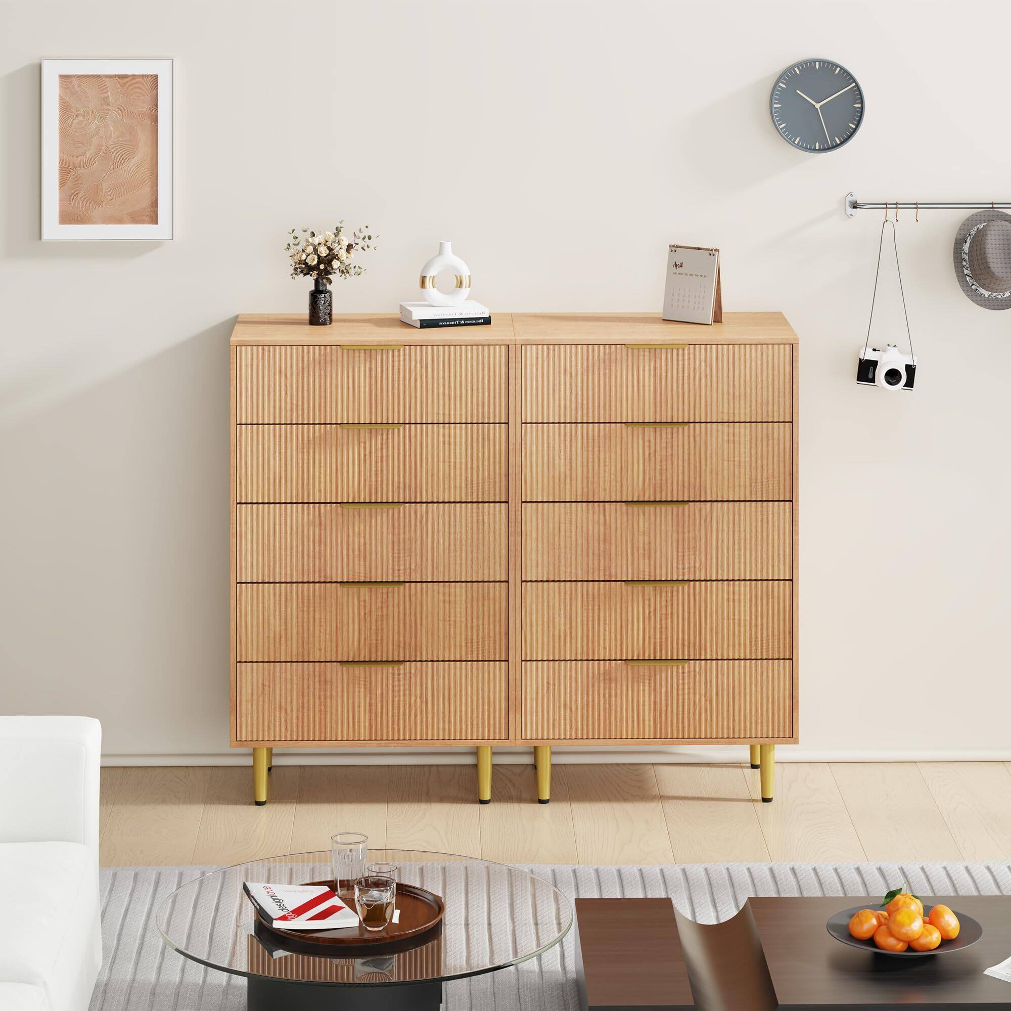 Alt View 6. Acekool - Fluted Dresser for Bedroom with 5 Drawers, Wooden Chest of Drawers with Metal Handle & Feet - Yellow.