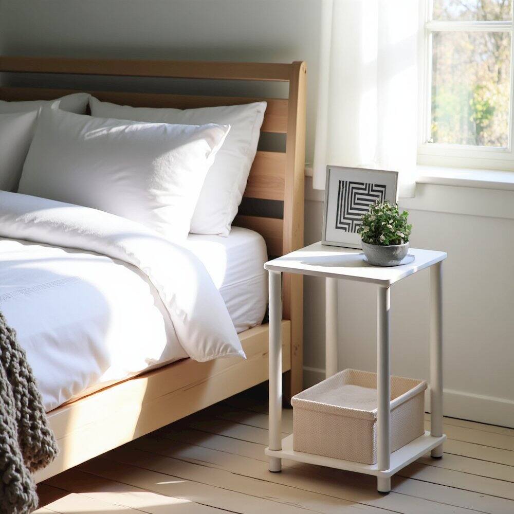 Alt View 2. FurniFact - White Wooden End Tables Set of 2 with Storage Shelves for Living Room - White.