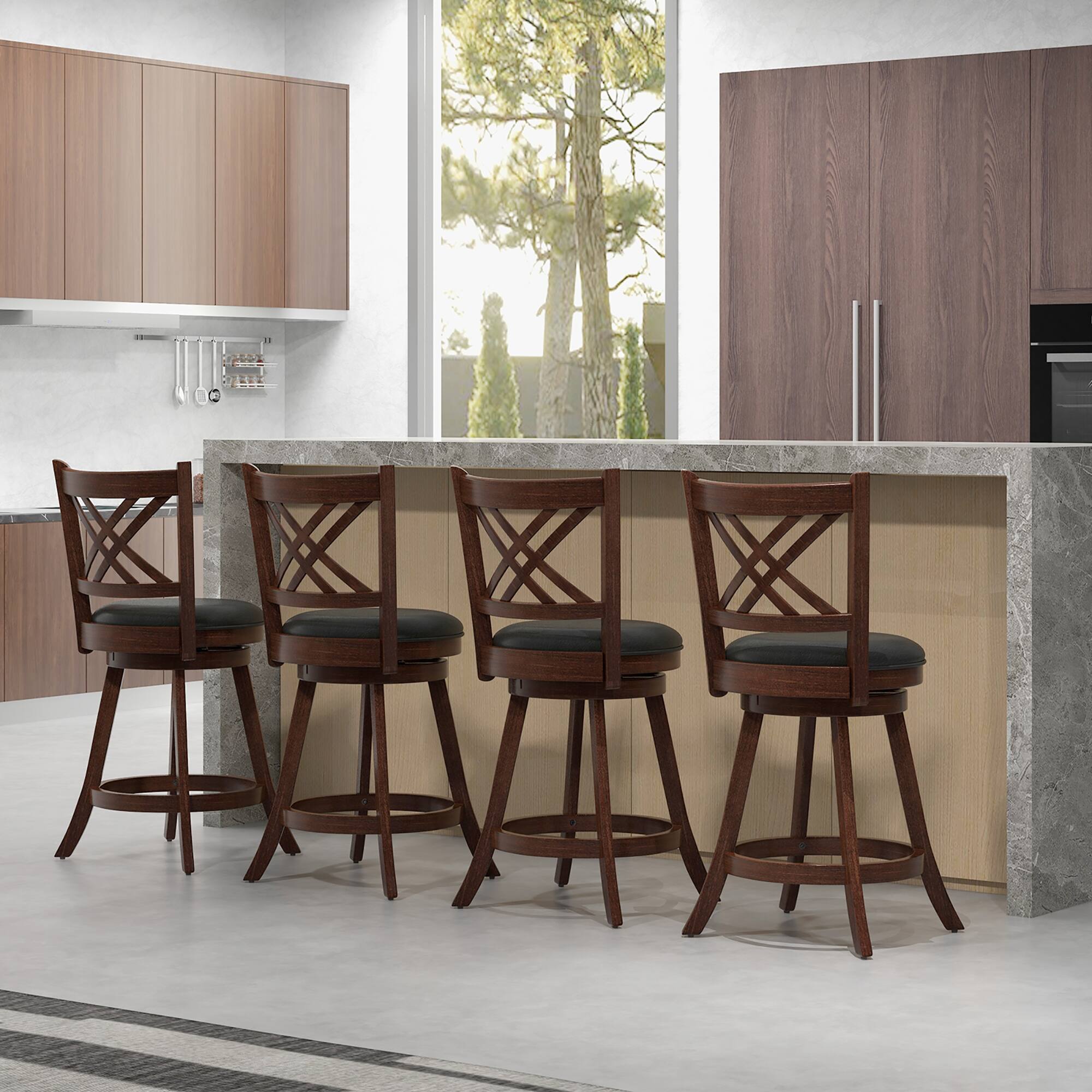 Alt View 1. Gymax - Gymax 360° Swivel Barstools Set of 4 24'' Counter Height Bar Chairs with Back & Footrest - Espresso, Black.