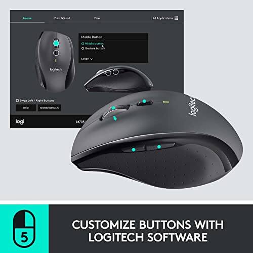 Point & Scroll  
Middle Button  
- Middle click  
- Middle scroll  
- Middle scroll + gesture  
- Middle scroll + gesture + left/right buttons  

MORE  
logitech  
SWOP  
Left / Right Buttons  
HORE  
RESTORE  
OPALUSS  
logi  
M705  
logitec  
5  
CUSTOMIZE BUTTONS WITH LOGITECH SOFTWARE