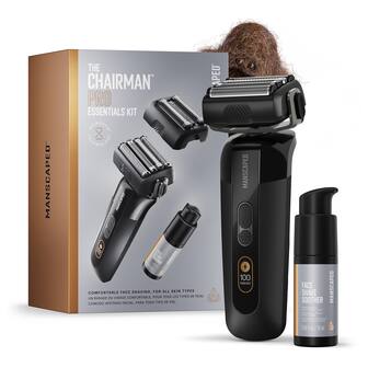 Manscaped The Chairman Pro Essentials Kit SkinSafe Technologies Manscaped 180 Ve Face Shaving. For All Skin Types Comfortable. Pour Tous Types De Peau Un Rasage Du Visage Afeitado Facial Para Todo Tipo De Piel Comodo. Manscaped 100 Percent Face Manscaped Shave Soother.