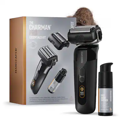 Manscaped The Chairman Pro Essentials Kit SkinSafe Technologies Manscaped 180 Ve Face Shaving. For All Skin Types Comfortable. Pour Tous Types De Peau Un Rasage Du Visage Afeitado Facial Para Todo Tipo De Piel Comodo. Manscaped 100 Percent Face Manscaped Shave Soother.