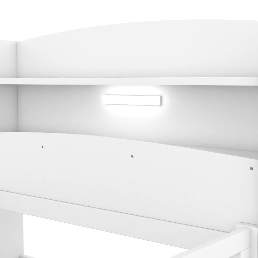 Alt View 4. Loheer - Loheer Twin Size Platform Bed, Wood Twin Bed with Built-in LED Light, Storage Headboard and Guardrail, White - White.