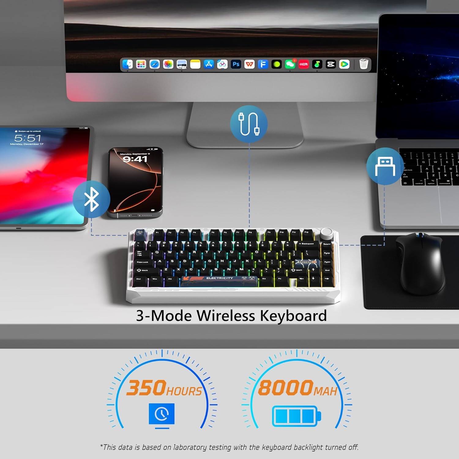 A 3-Mode Wireless Keyboard  
350 HOURS  
8000 MAH  
*This data is based on laboratory testing with the keyboard backlight turned off.