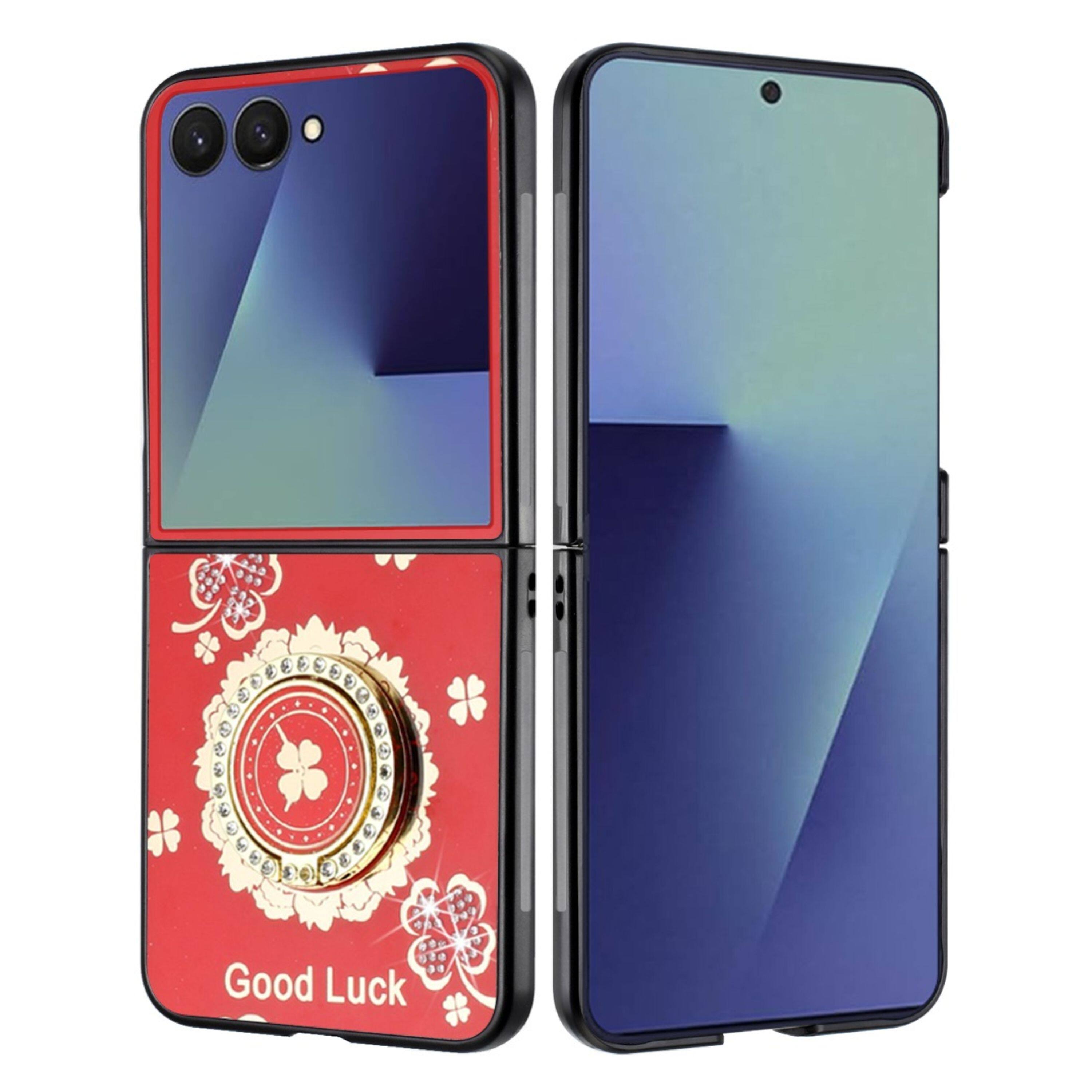 Kitcheniva - Rhinestone Glitter Cover Case With Tempered Glass For Samsung Z Flip7 Floral Red - Good Luck Floral Red