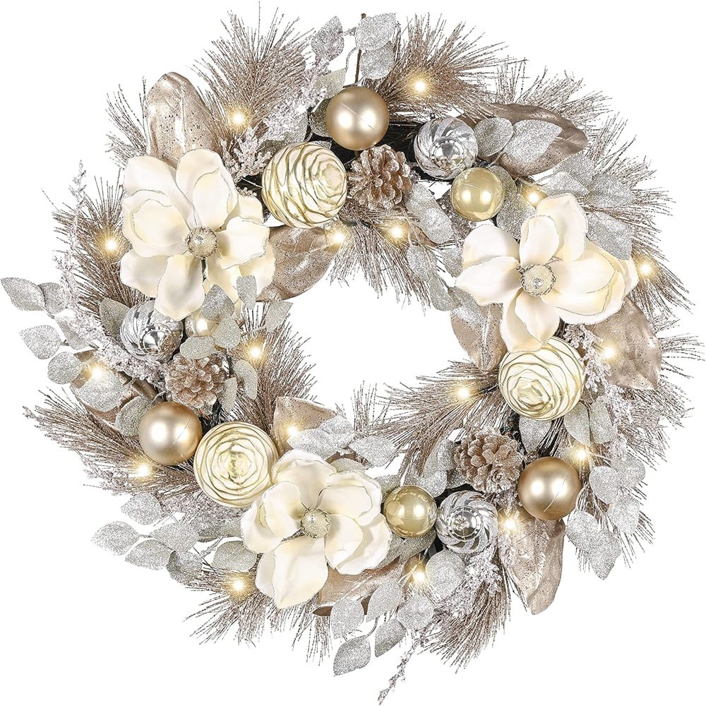 RTMB - 24'' Pre-Lit Christmas Wreath for Front Door with Lights, Large Lighted Outdoor Christmas Wreath with Champagne Gold Xma - White/Gold