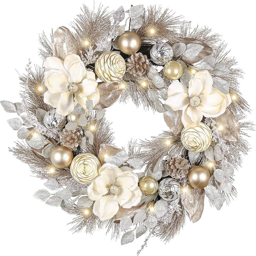 Front. RTMB - 24'' Pre-Lit Christmas Wreath for Front Door with Lights, Large Lighted Outdoor Christmas Wreath with Champagne Gold Xma - White/Gold.