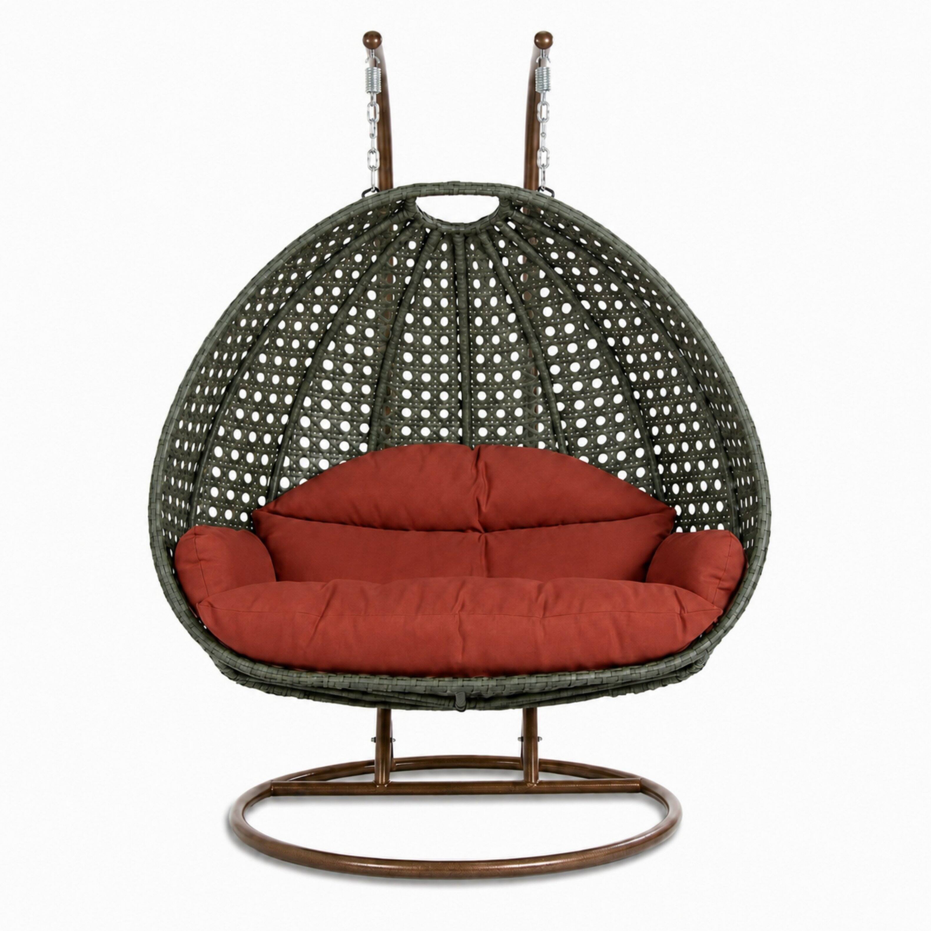Front. LeisureMod - LeisureMod 2-Person Wicker Egg Swing Chair with Stand & Washable Cushions, Indoor Outdoor Double Hanging Patio Chair - Dark Orange.