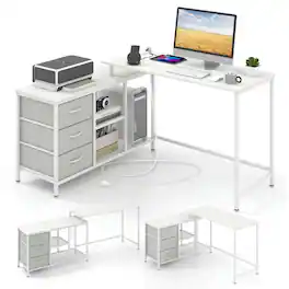 Pefilos - L-shaped Computer Desk with Power Outlet for Working Studying Gaming- Office Desk, Gaming Computer Desks for Study - White