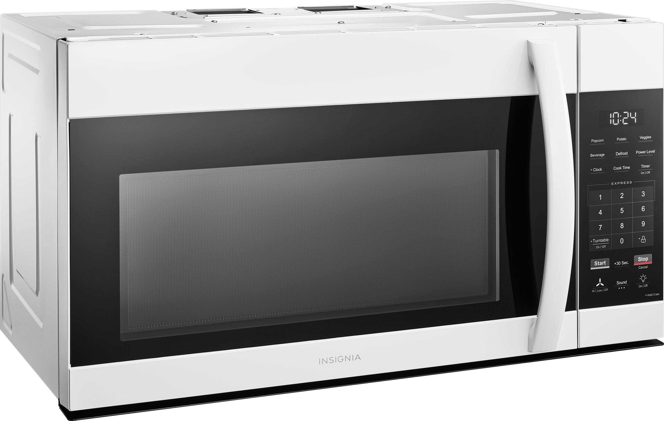 10:24  
Popcorn Potato Veggies  
Beverage Defrost Power Level  
Clock Cook Time Timer  
EXPRESS  
1 2 3  
4 5 6  
7 8 9  
0  
Turntable On/Off  
Start +30 Sec Stop Cancel  
Sound On/Off  
Hi Low Off  
+ Add 3 Sec  
INSIGNIA