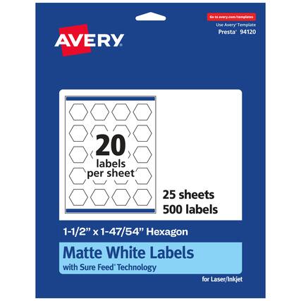Go to avery.com/templates
AVERY
Use Avery™ Template Presta 94120
20 labels per sheet
25 sheets
500 labels
1-1/2" x 1-47/54" Hexagon Matte White Labels with Sure Feed Technology for Laser/Inkjet