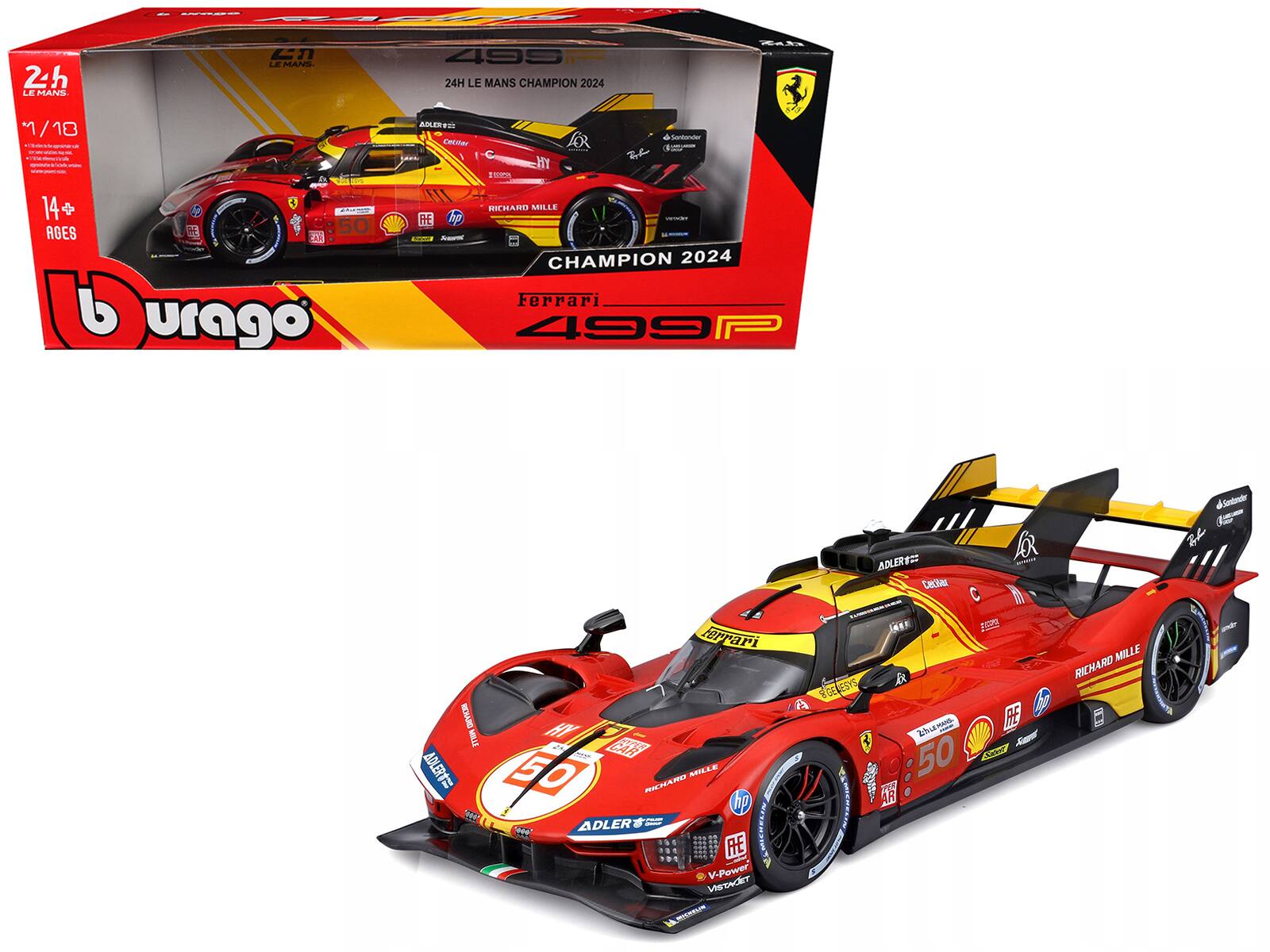 Bburago - Ferrari 499P #50 AF Corse Le Mans 2024 Winner Antonio Fuoco Molina Nielsen 1/18 Diecast Racing Model Car - Multicolor