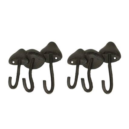 Front. Chesapeake Bay - Set of 2 Rustic Brown Cast Iron Mushroom Triple Wall Hook Racks – 6.25 Inches High – Durable and Charming - Black.