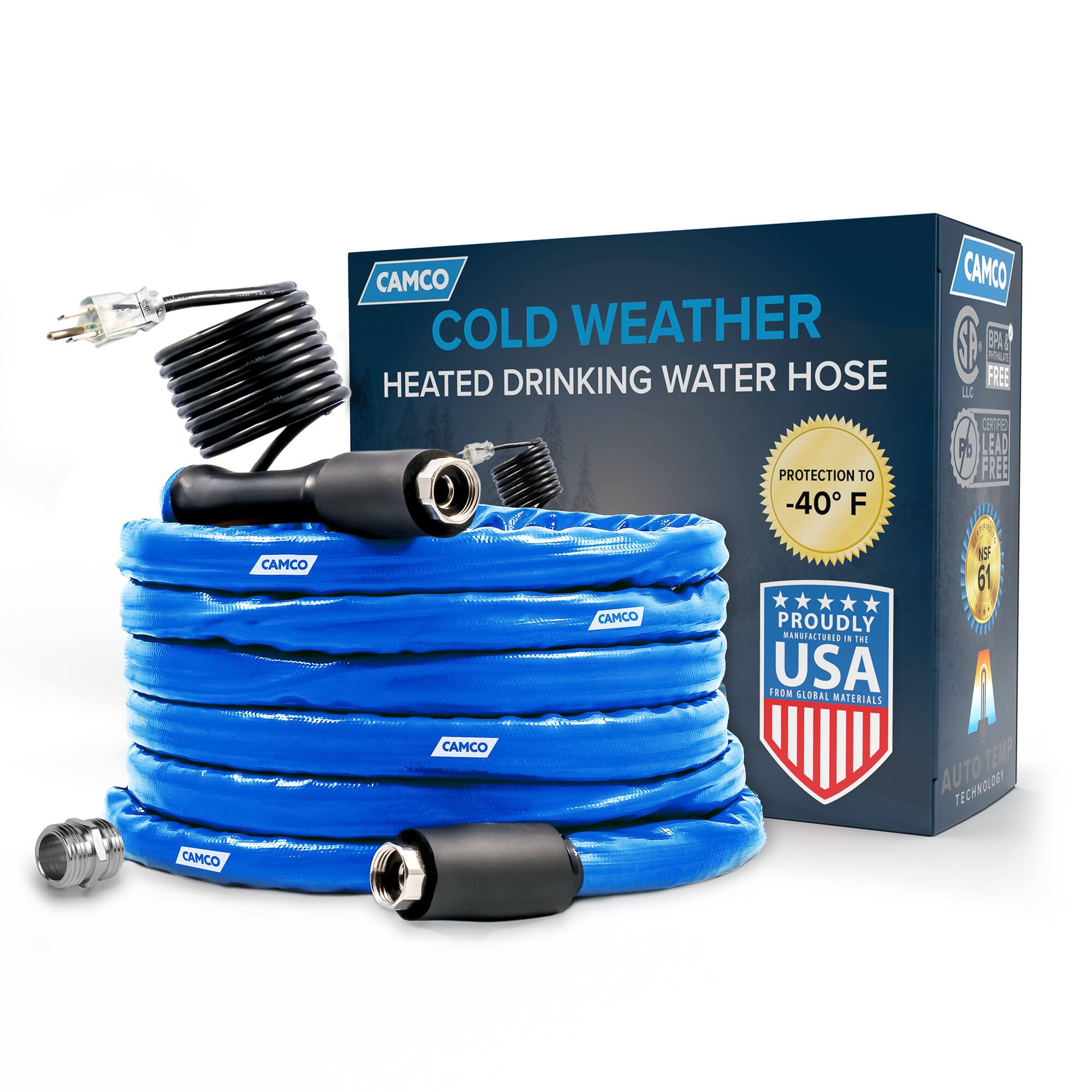 CAMCO COLD WEATHER HEATED DRINKING WATER HOSE PROTECTION TO -40 F  
CAMCO S A NOLT FREE LL SFE P LEAD FREE  
CAMCO CAMCO PROUDLY MANUFACTURED IN THE USA  
GLOBAL MATERIALS NSF 61  
CAMCO TECHNOLOGY