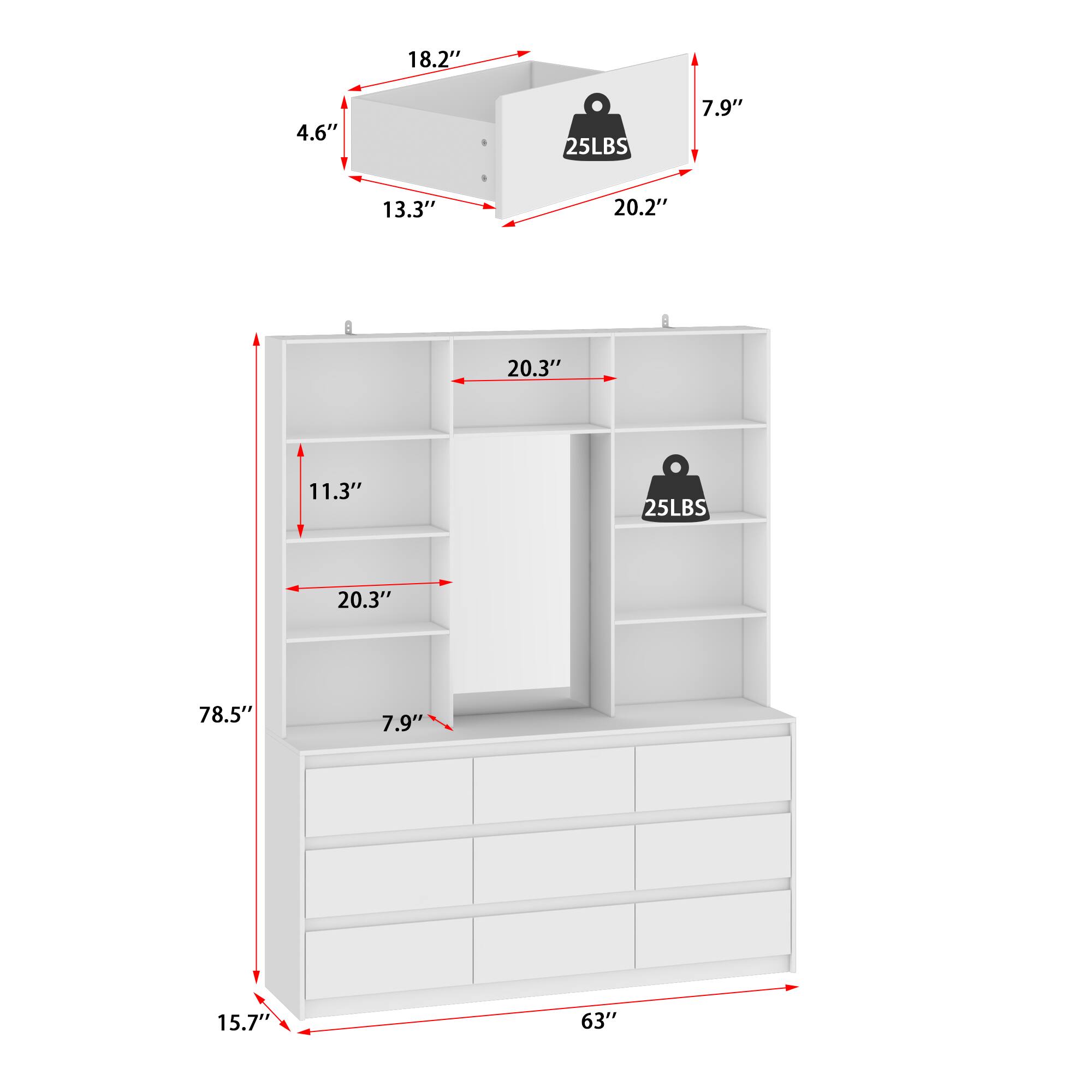 18.2", 4.6", 25LBS, 7.9", 13.3", 20.2", 20.3", 11.3", 25LBS, 20.3", 78.5", 7.9", 15.7", 63"