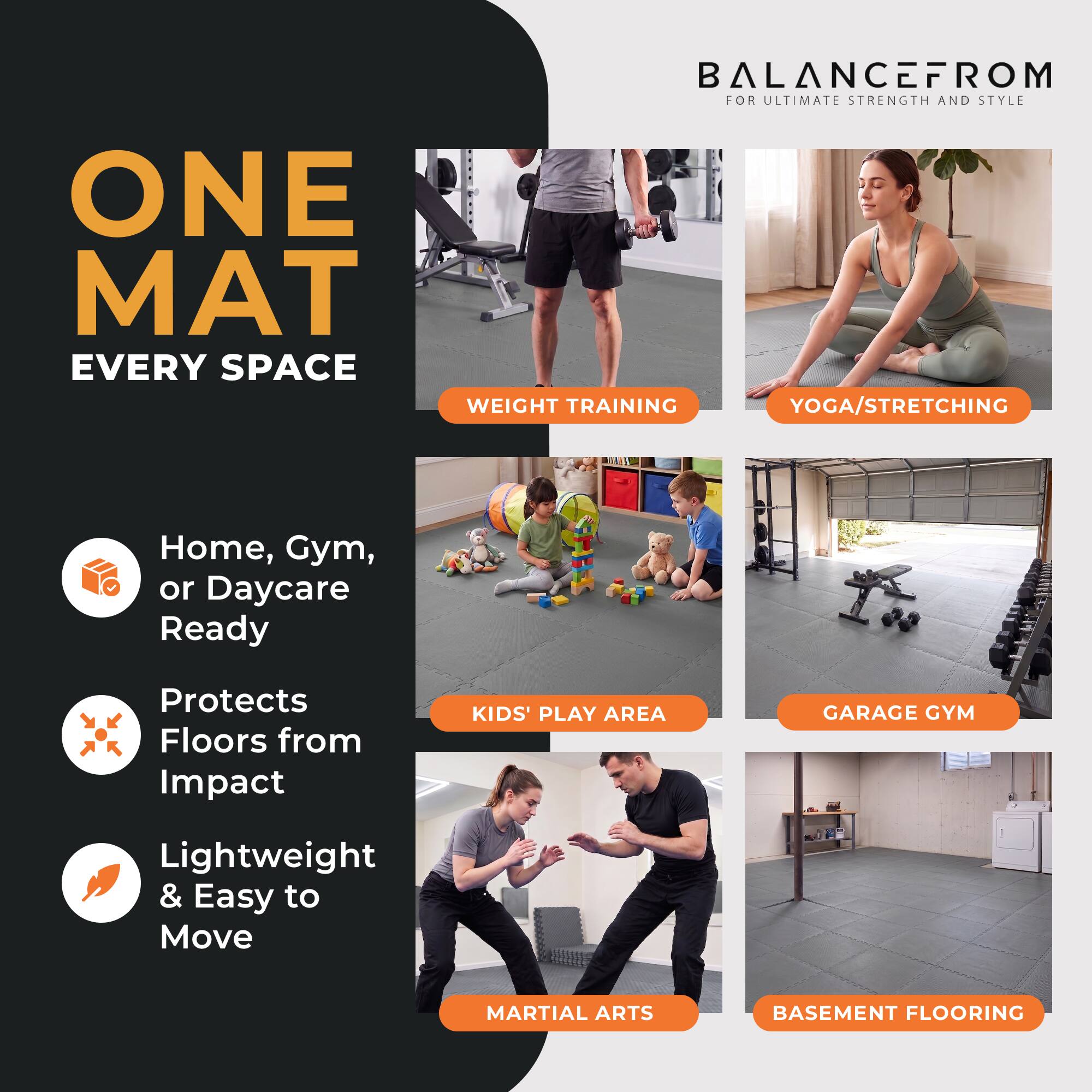 BALANCEFROM FOR ULTIMATE STRENGTH AND STYLE

ONE MAT EVERY SPACE

- WEIGHT TRAINING
- YOGA/STRETCHING
- KIDS' PLAY AREA
- GARAGE GYM
- MARTIAL ARTS
- BASEMENT FLOORING

Home, Gym, or Daycare Ready
Protects Floors from Impact
Lightweight & Easy to Move