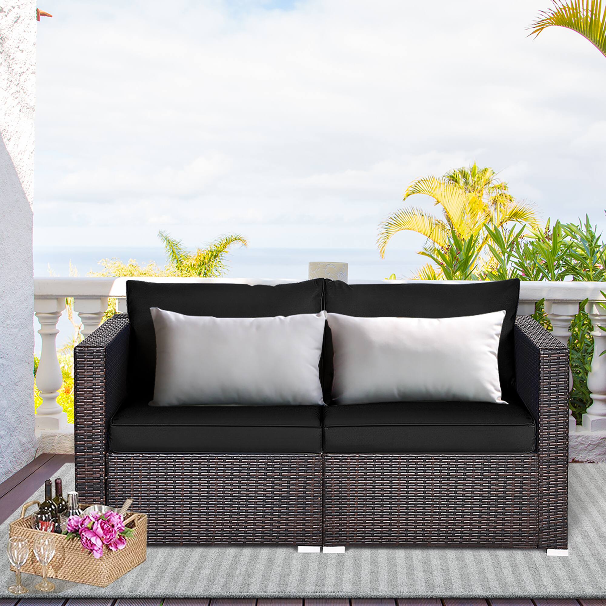 Alt View 1. Costway - Costway 2PCS Patio Rattan Corner Sofa Sectional Furniture Set Black Cushion - Black.
