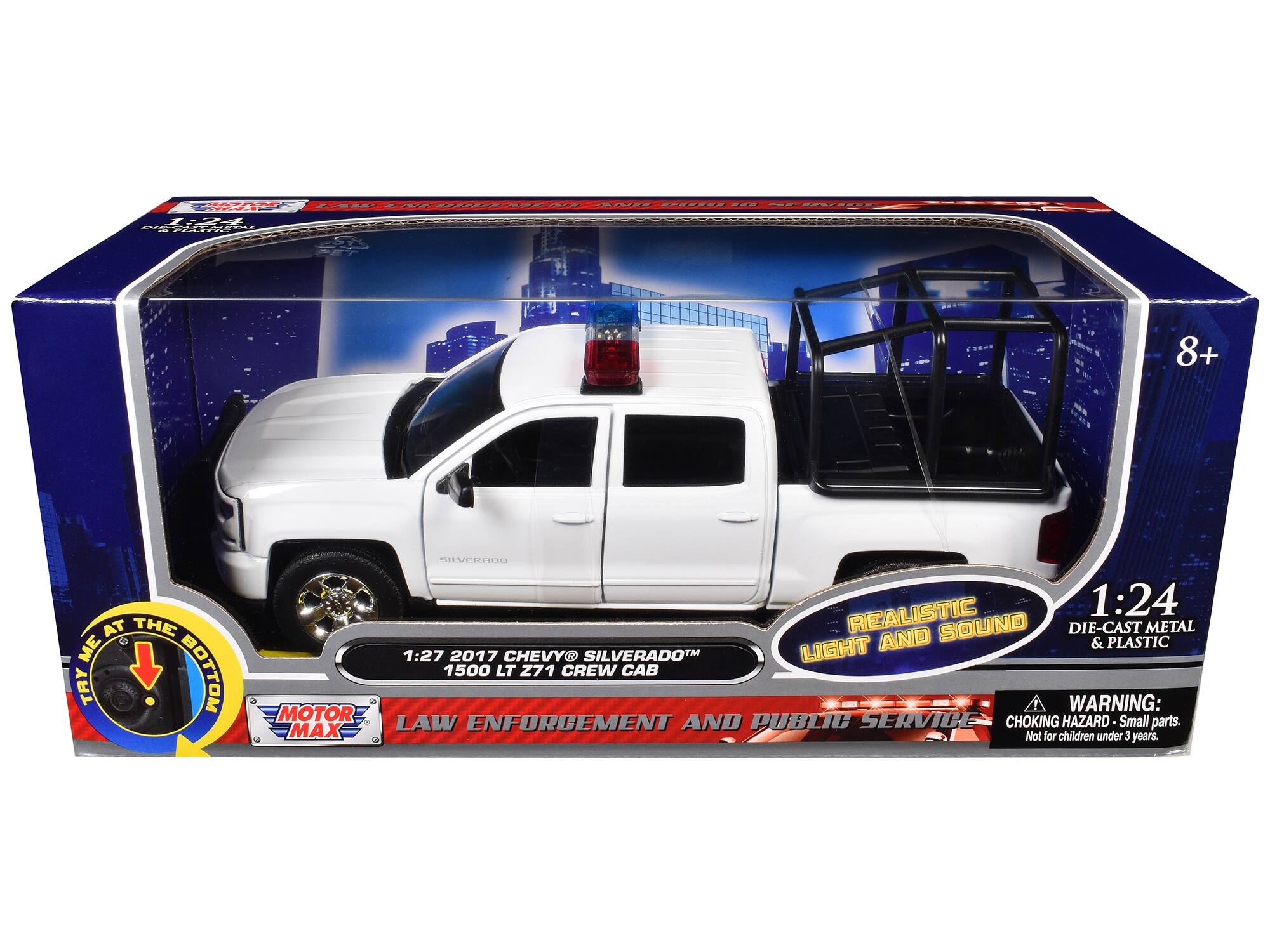 T 34 1 C.E UTENE - 2202 - 8+ AT THE d ME TRY BOTTOM CIERTON REALISTIC 1:24 SOUND DIE-CAST METAL LIGHT AND & PLASTIC 1:27 2017 CHEVY SILVERADO 1500 LT Z71 CREW CAB WARNING: MOTOR PUBLIC SERVICE HAZARD Small LAW ENFORCEMENT AND CHOKING parts. MAX Not for children under 3 years.