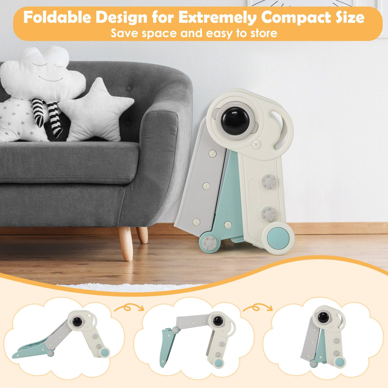 Foldable Design for Extremely Compact Size  
Save space and easy to store