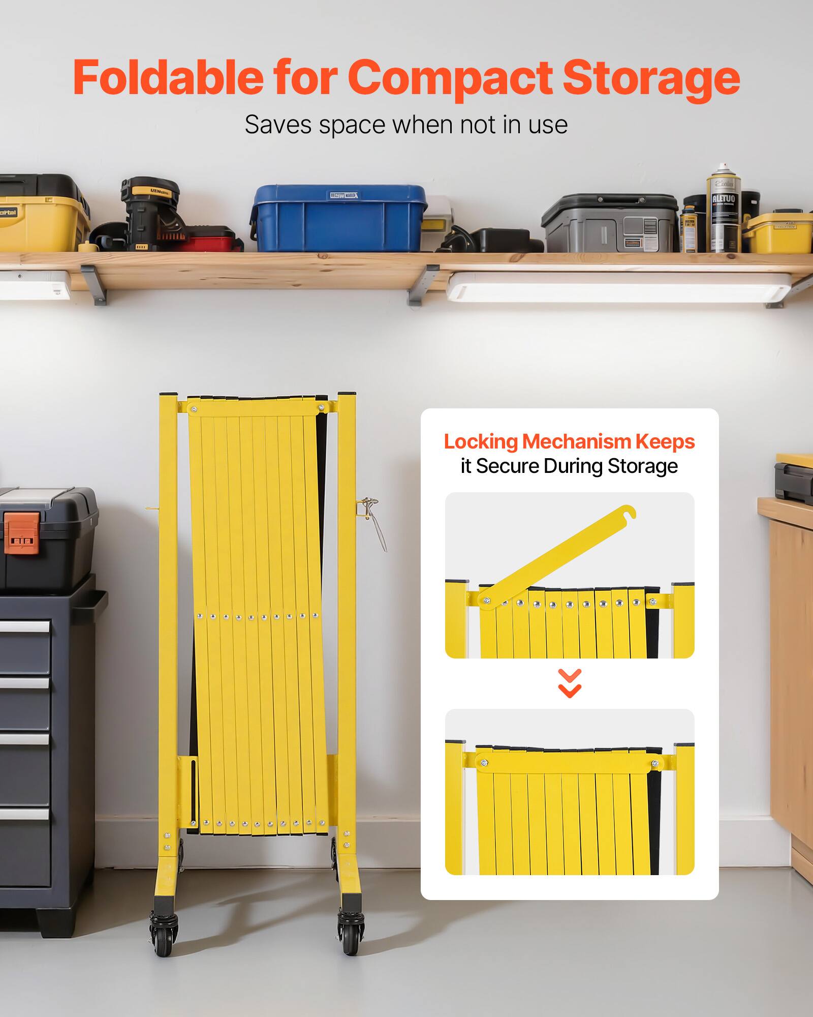 Foldable for Compact Storage  
Saves space when not in use  

Locking Mechanism Keeps it Secure During Storage