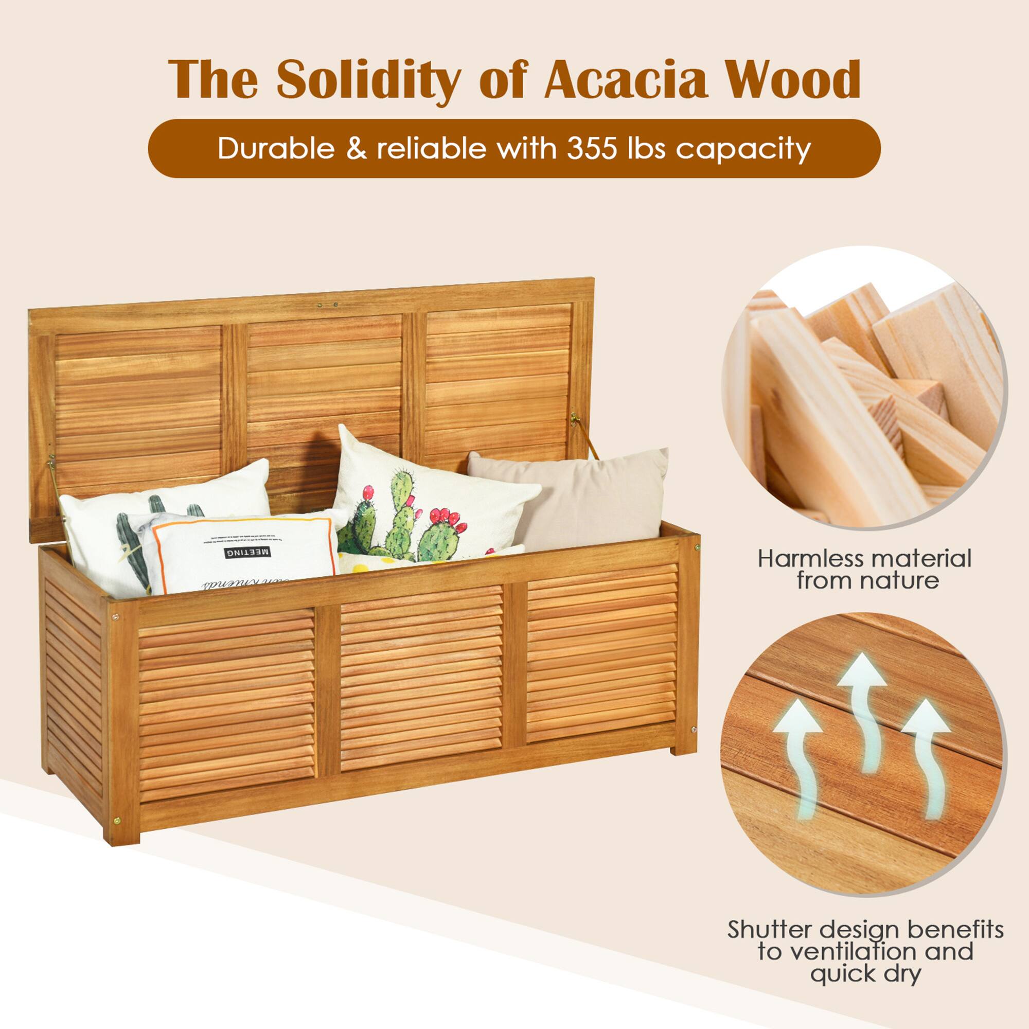 The Solidity of Acacia Wood  
Durable & reliable with 355 lbs capacity  

Harmless material from nature  

Shutter design benefits to ventilation and quick dry