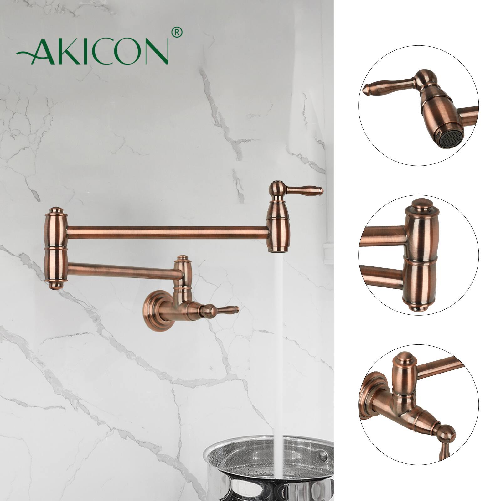 Alt View 2. Akicon - Akicon Wall-Mounted Solid Brass Pot Filler Kitchen Faucet with Dual Joint Swing Arms for Stovetop in Antique Copper - Antique Copper.