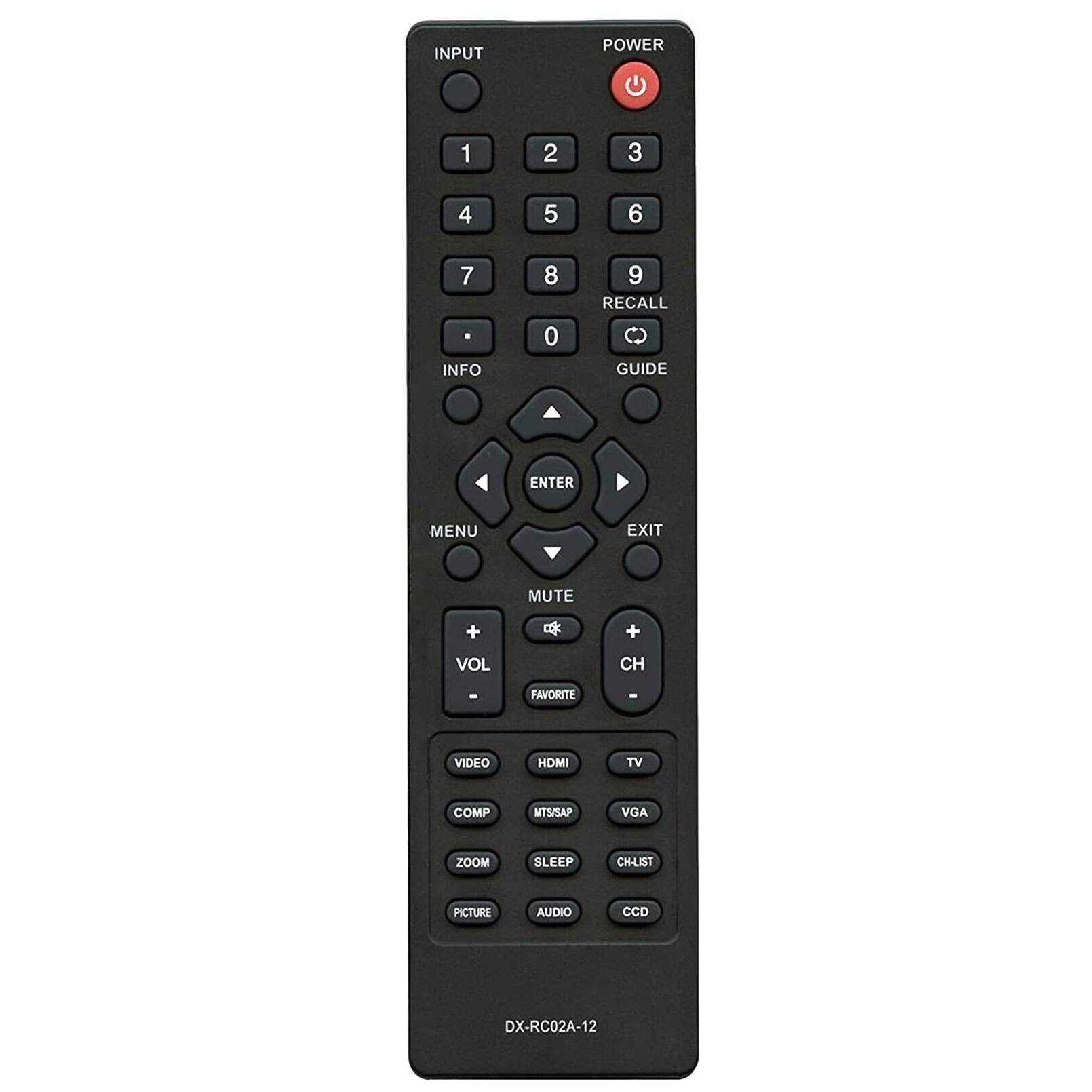 INPUT POWER 1 2 3 4 5 6 7 . INFO 8 0 9 RECALL GUIDE ENTER MENU EXIT MUTE + VOL - FAVORITE VIDEO HDMI TV COMP MTS/SAP VGA ZOOM SLEEP CH-LIST PICTURE AUDIO CCD DX-RC02A-12