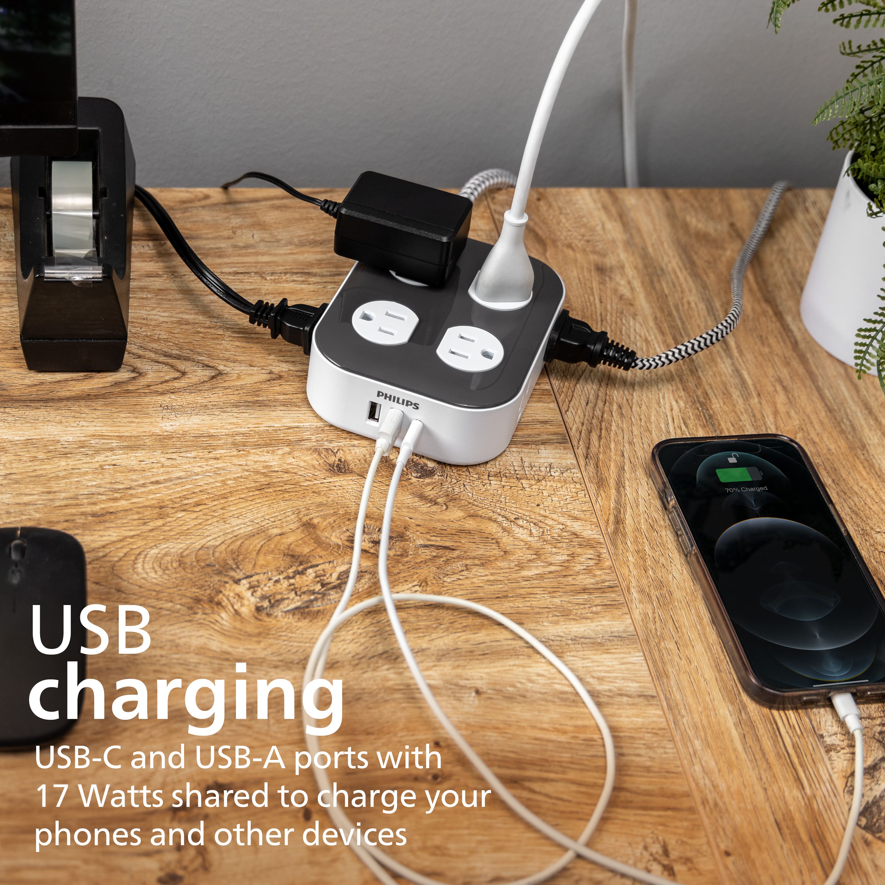 The text on the image reads: "USB charging USB-C and USB-A ports with 17 Watts shared to charge your phones and other devices."