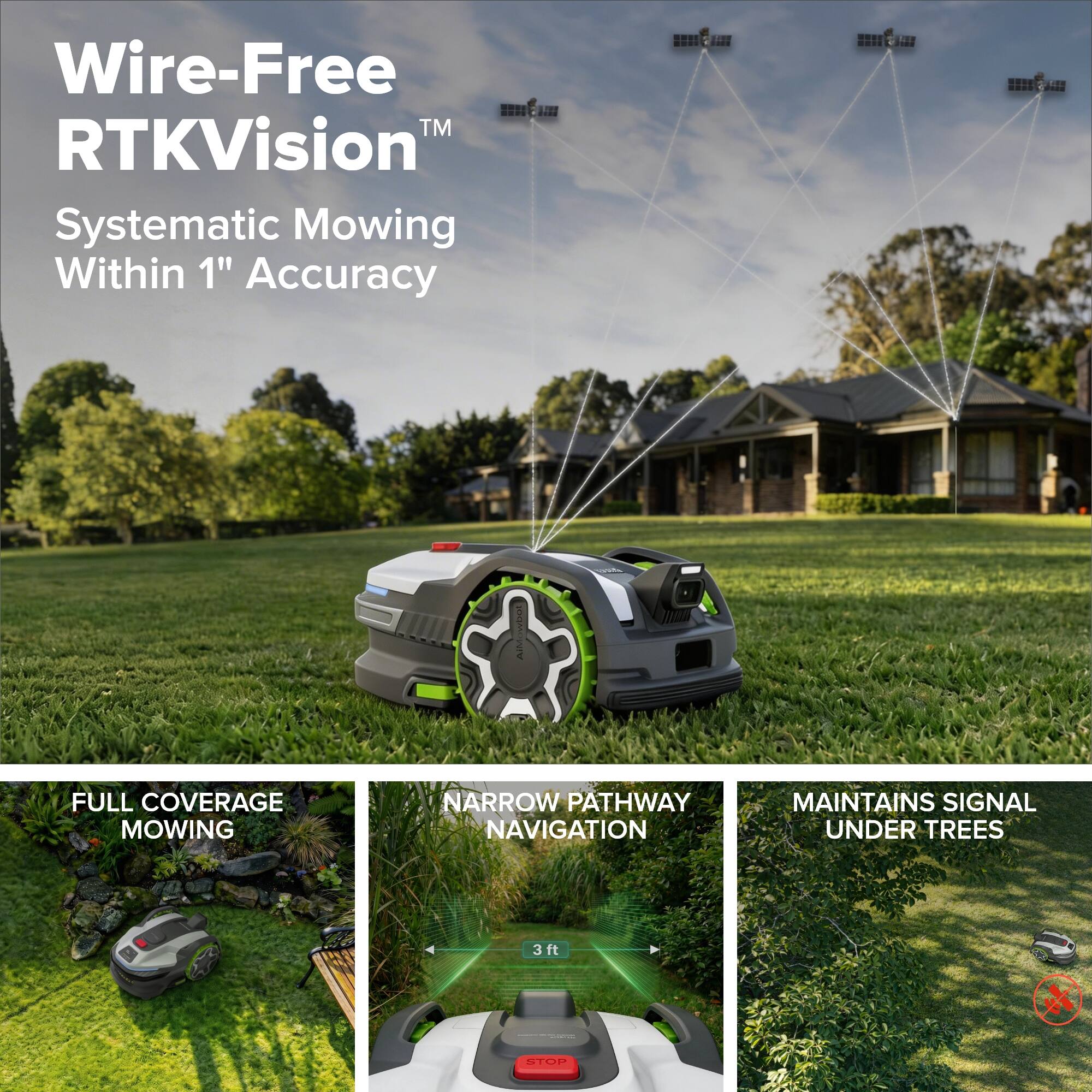 Wire-Free RTKVision™  
Systematic Mowing Within 1" Accuracy

- FULL COVERAGE MOWING
- NARROW PATHWAY NAVIGATION
- MAINTAINS SIGNAL UNDER TREES

3 ft