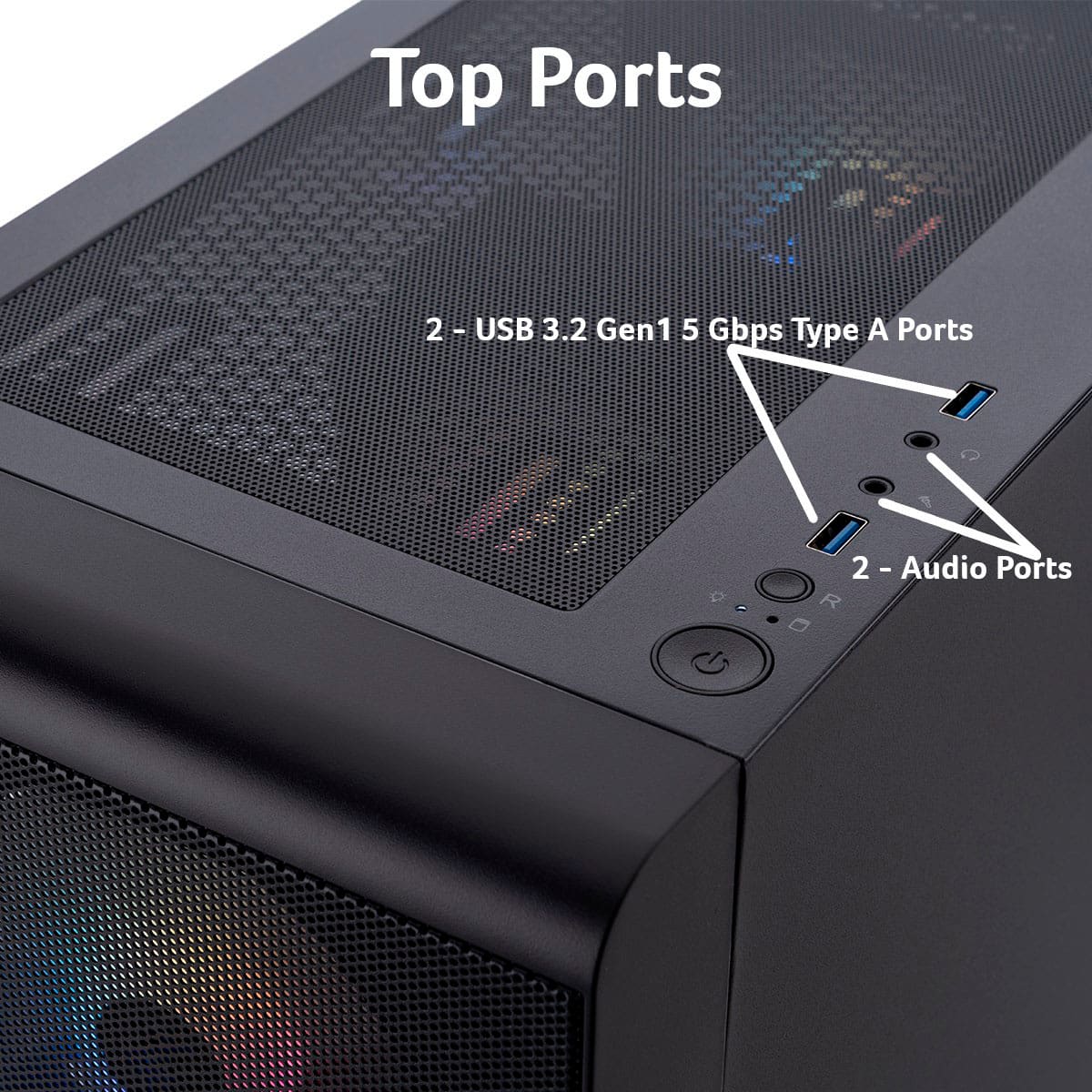 Top Ports: 2 - USB 3.2 Gen1 5 Gbps Type A Ports, 2 - Audio Ports.