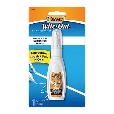 5344 BIC Wite-Out 2-in-1 Correction Fluid
AMERICA'S #1 CORRECTION BRAND*
Correction Brush + Pen in One!
BIC Wite-Out 2-in-1
CAUTION: CANMEL RAS ON BACK
1.5 fl. oz.
15 ml