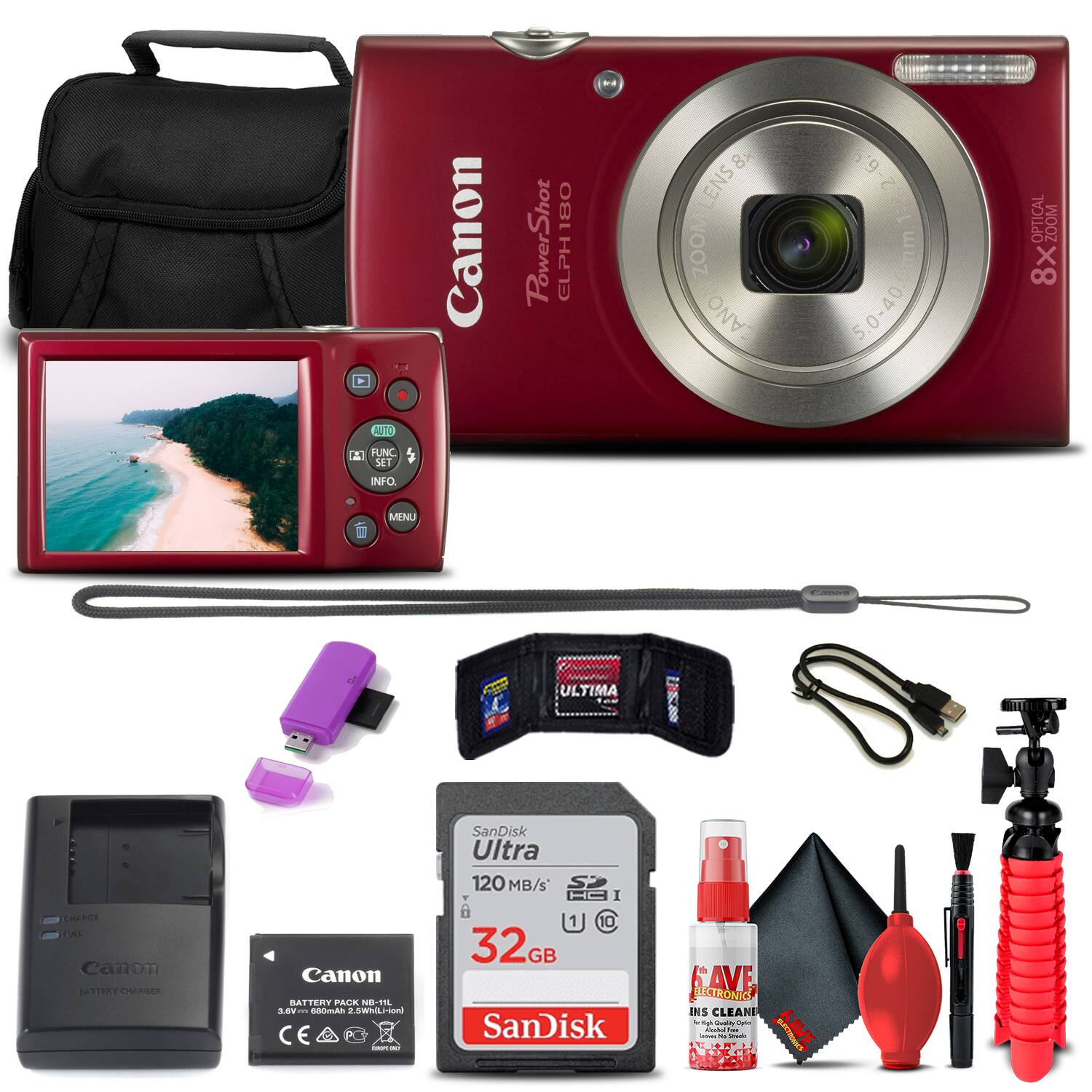 Canon PowerShot ELPH 180  
8x Optical Zoom  
2.6-6.9  
5.0-40mm  
Canon Battery Pack NB-11L  
SanDisk Ultra 120 MB/s 32GB  
Canon Charger  
Lens Cleaning Kit  
Ultima Lens Cleaning Cloth  
SAVE Electronics Lens Cleaner  
Tripod Mount  
USB Cable  
Carrying Case