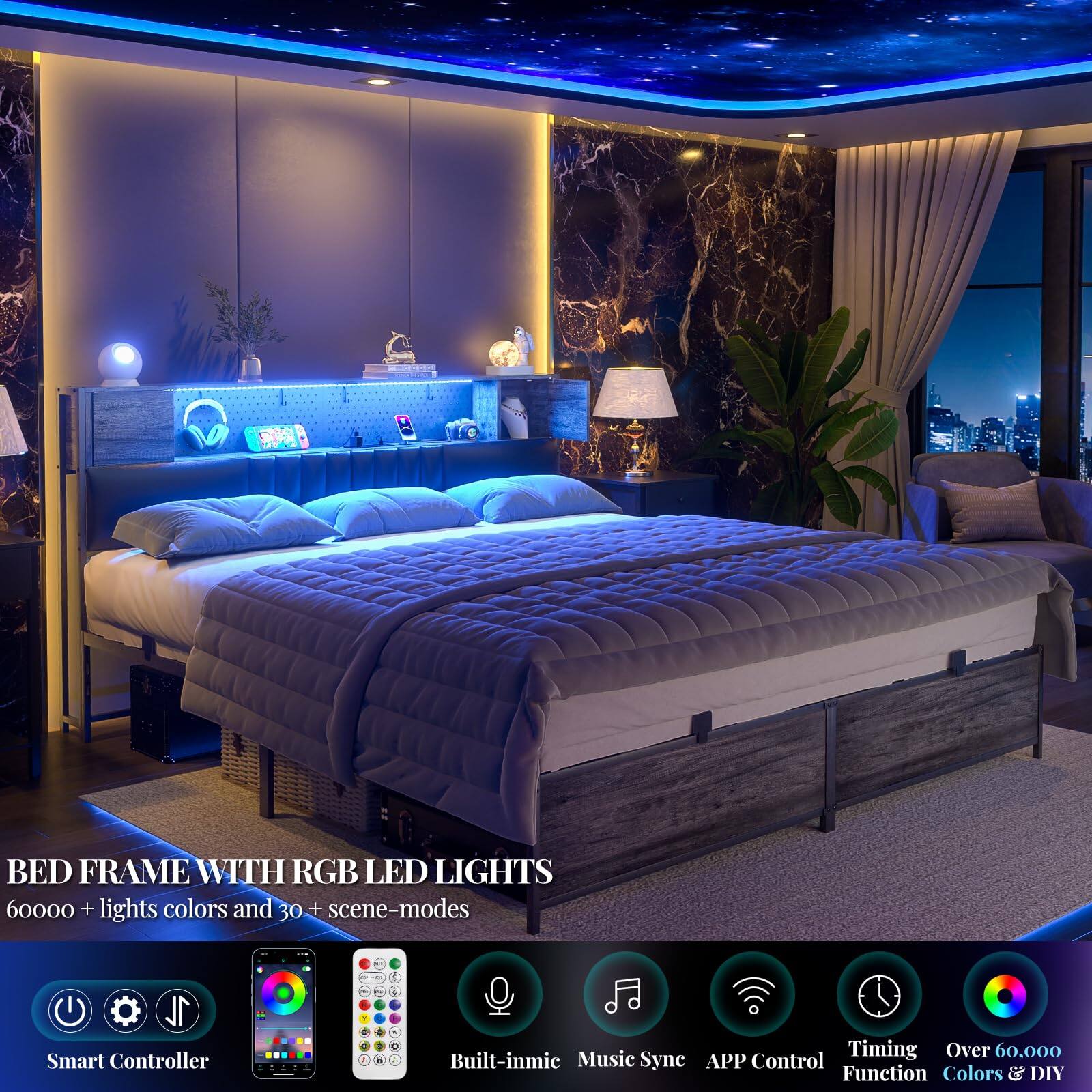 BED FRAME WITH RGB LED LIGHTS  
60000 + lights colors and 30 + scene-modes  

- Smart Controller  
- Built-in mic  
- Music Sync  
- APP Control  
- Timing Function  
- Over 60,000 Function Colors & DIY