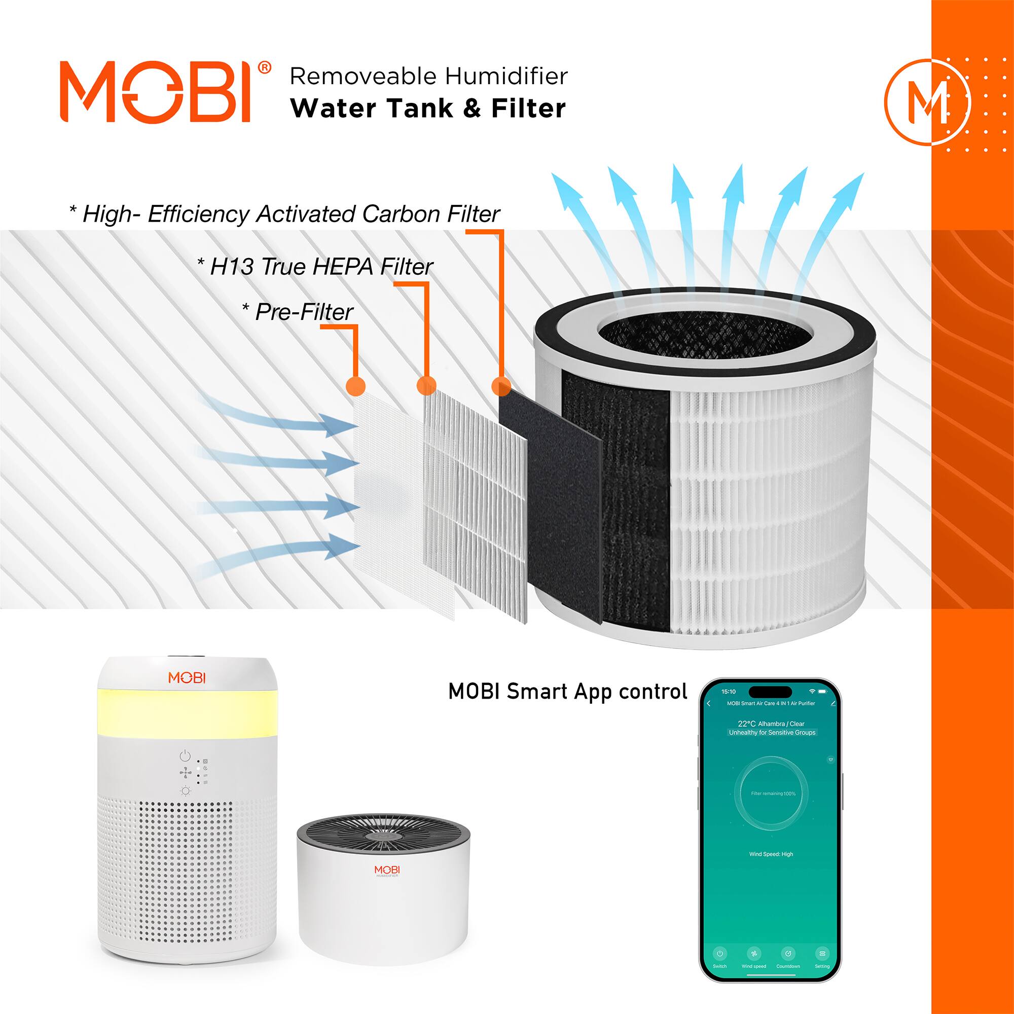 A Removeable Humidifier MOBI Water Tank & Filter
M
*High-Efficiency Activated Carbon Filter
H13 True HEPA Filter
Pre-Filter
MOBI Smart App control