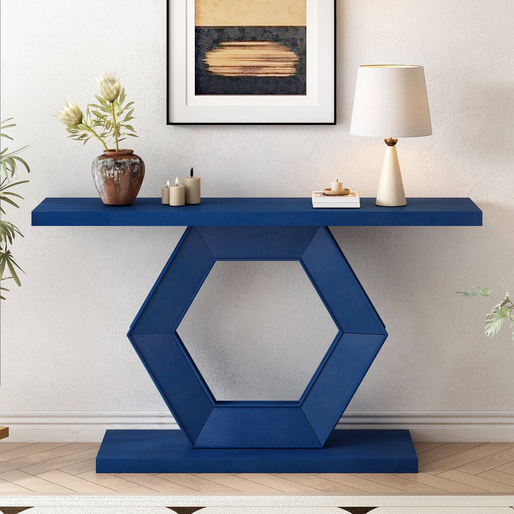Alt View 1. Boyel Living - Modern Hexagon Entryway Table with Hollow Hexagon Leg Structure and Wood Finish in Blue - Blue.