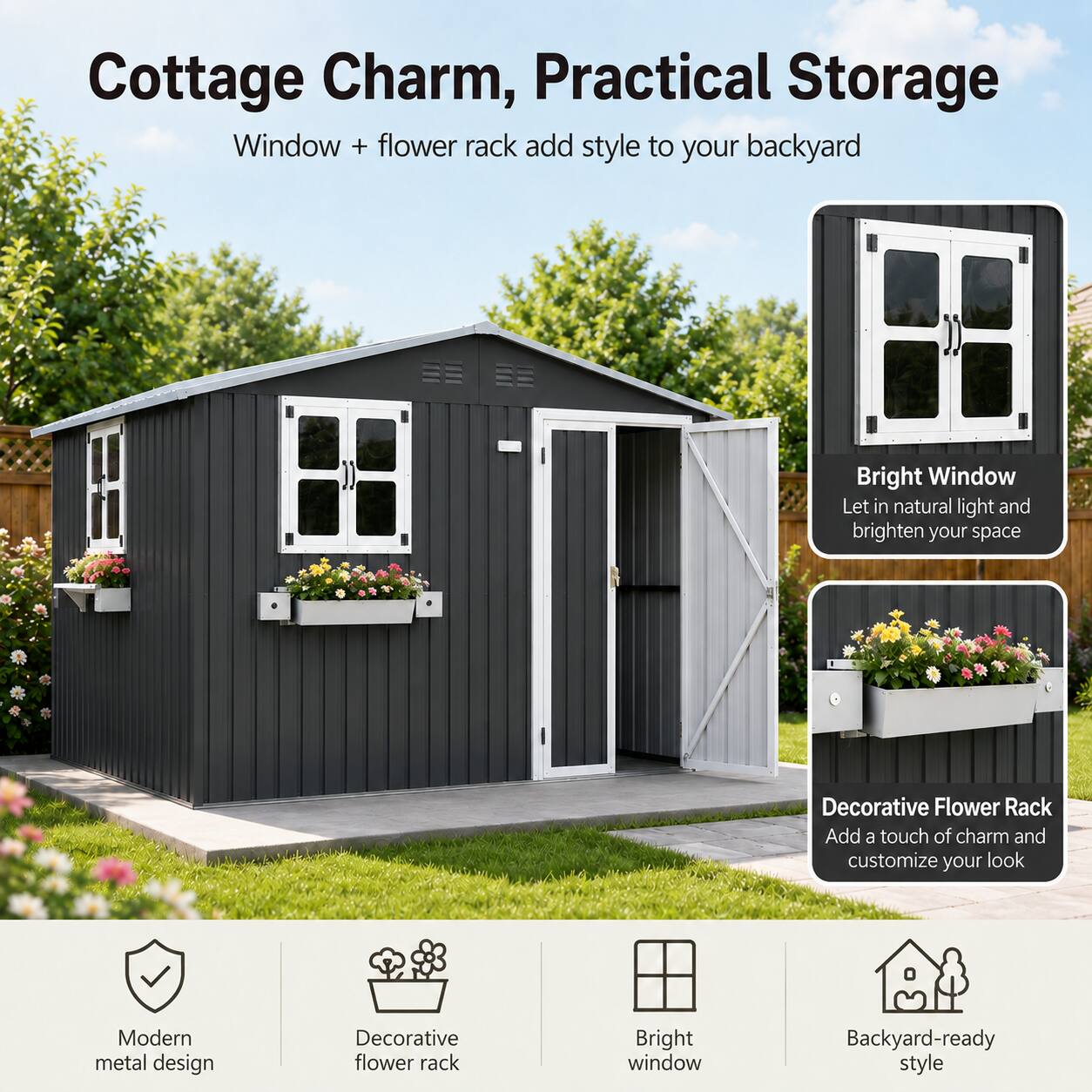 Anysun 10x8 FT Outdoor Metal Storage Shed with Window & Flower