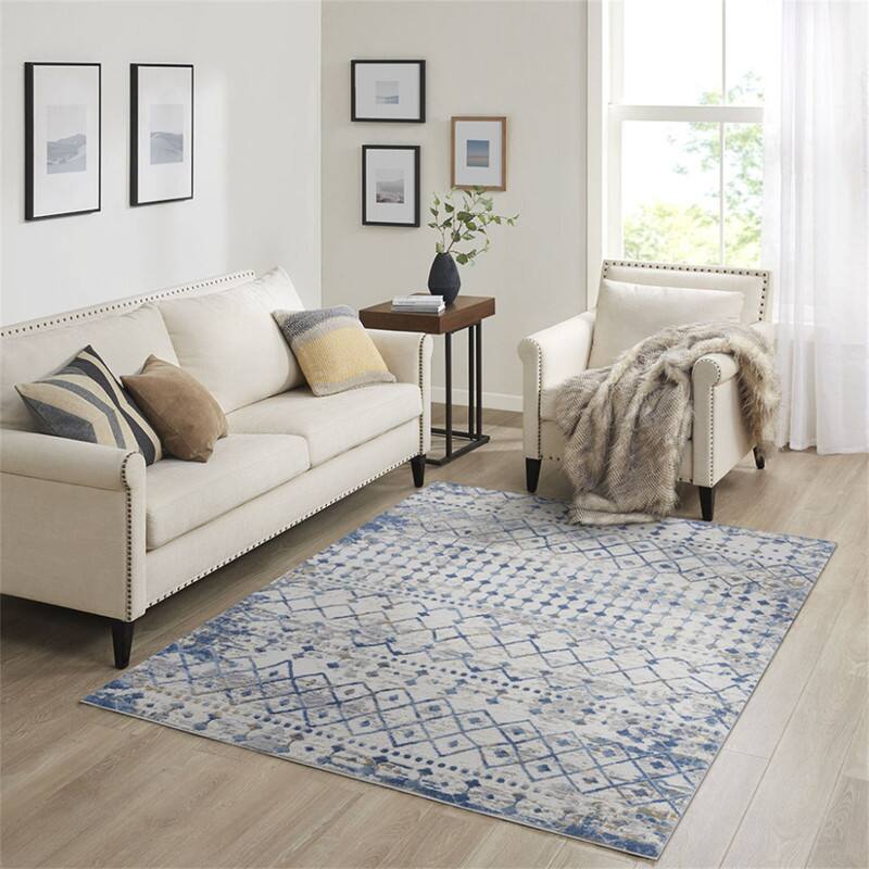 Angle. HTUTWOO - Woven Area Rug - 6'6"W x 9'L Ultra Soft Floor Carpet for Living Room Indoor Dining Room, Modern Home Décor Moroccan - Blue+Cream.